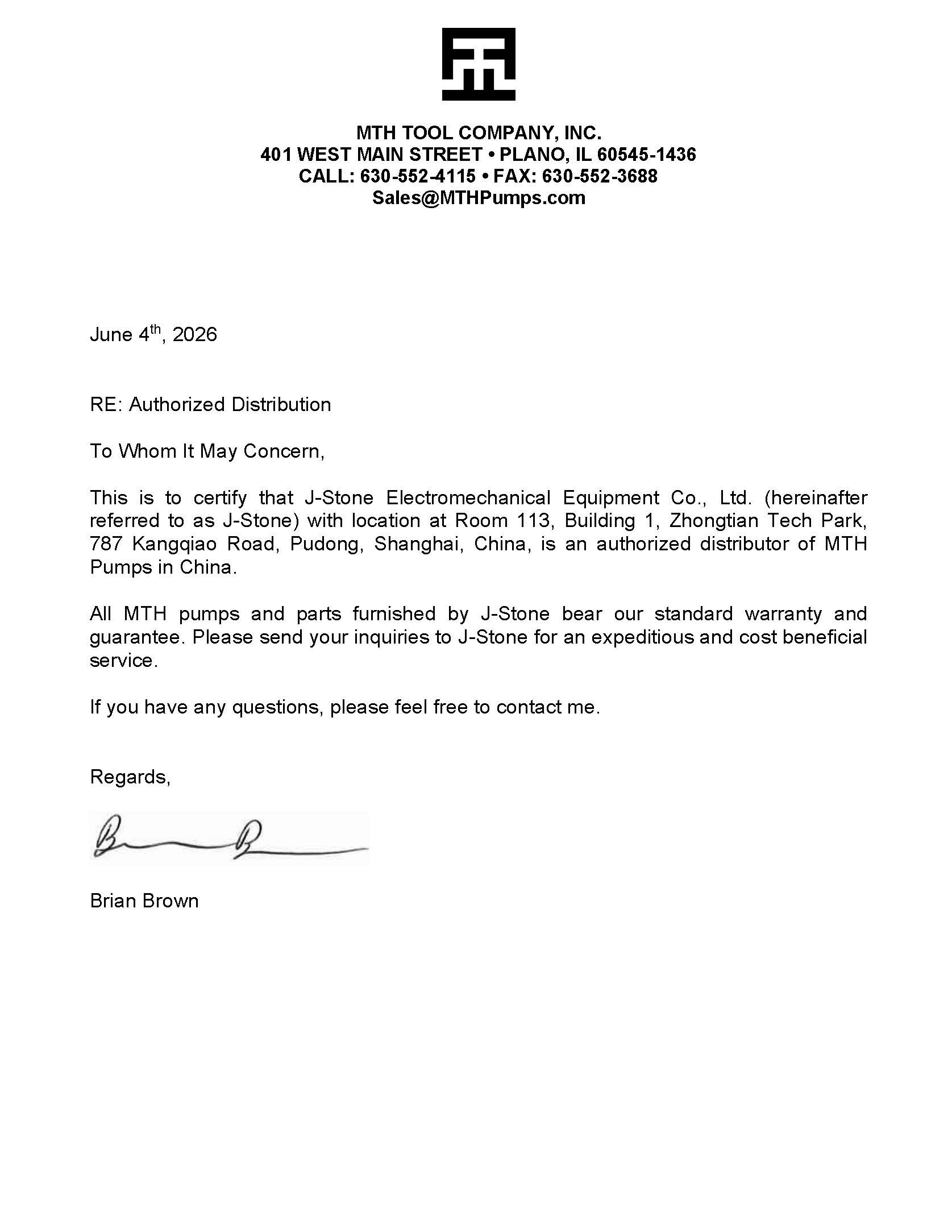 MTH Pumps Authorized J-Stone as Exclusive Distributor in China
