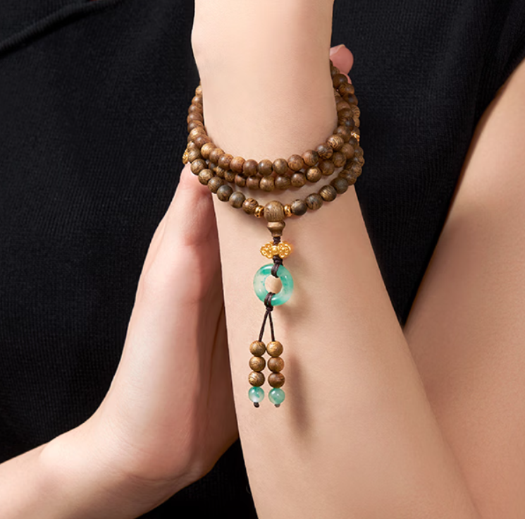 Fu Lu Peace Agarwood 108-Bead Long Bracelet