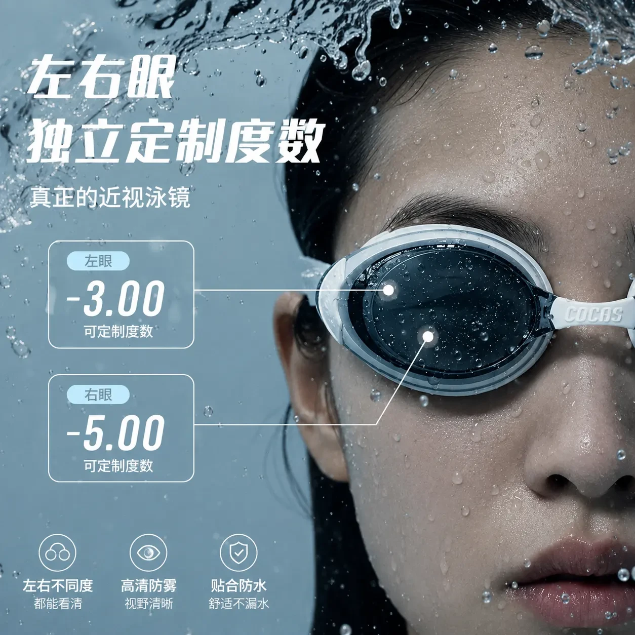 COCAS 白色近视泳镜佩戴效果图