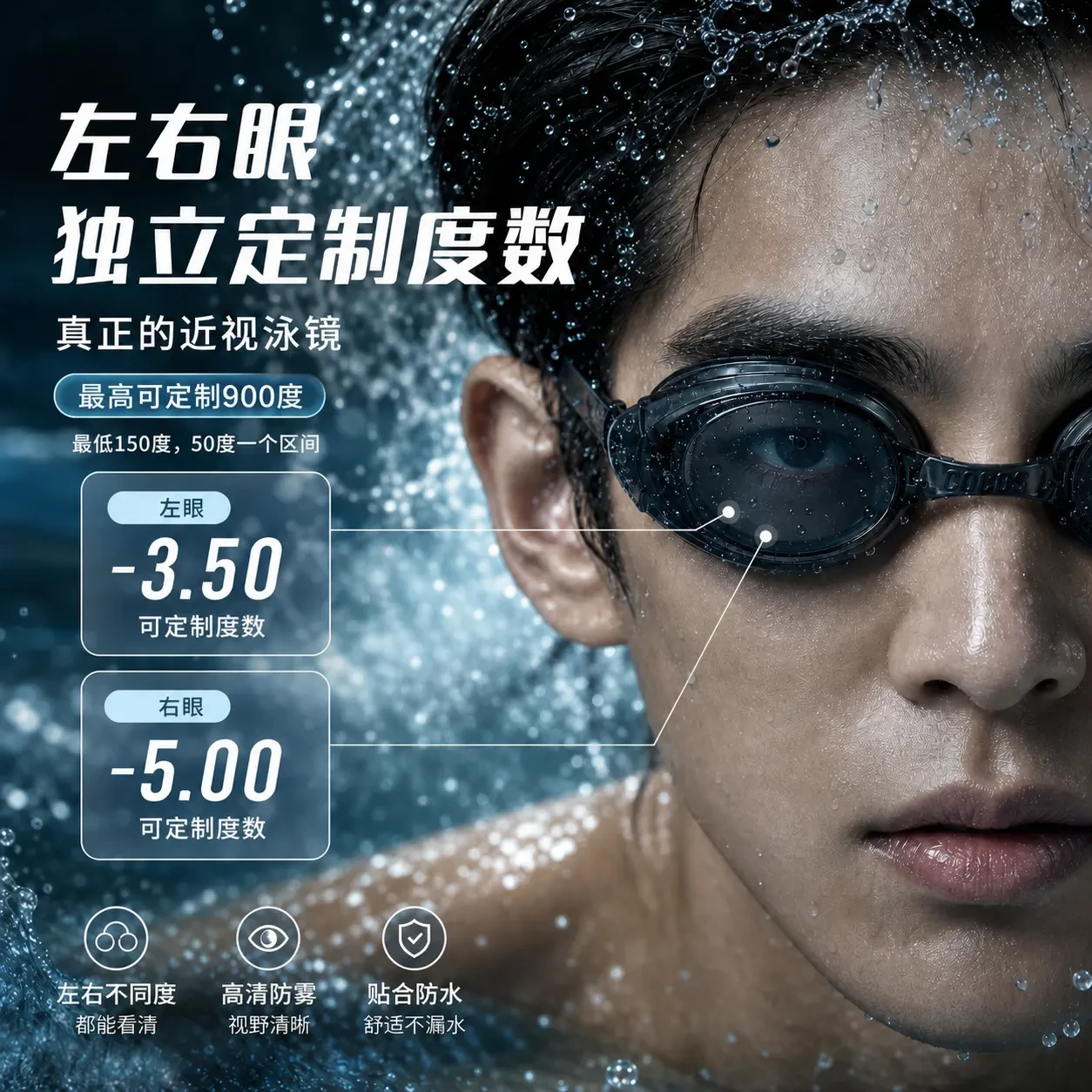 COCAS Black Prescription Swimming Goggles - Wearing Effect