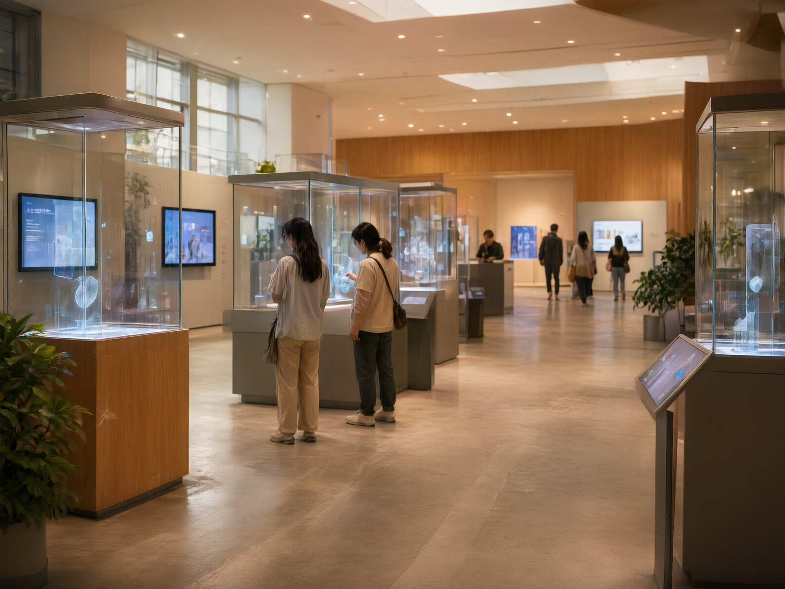 展厅内部全景视角,全息仓设备与其他展项协同工作