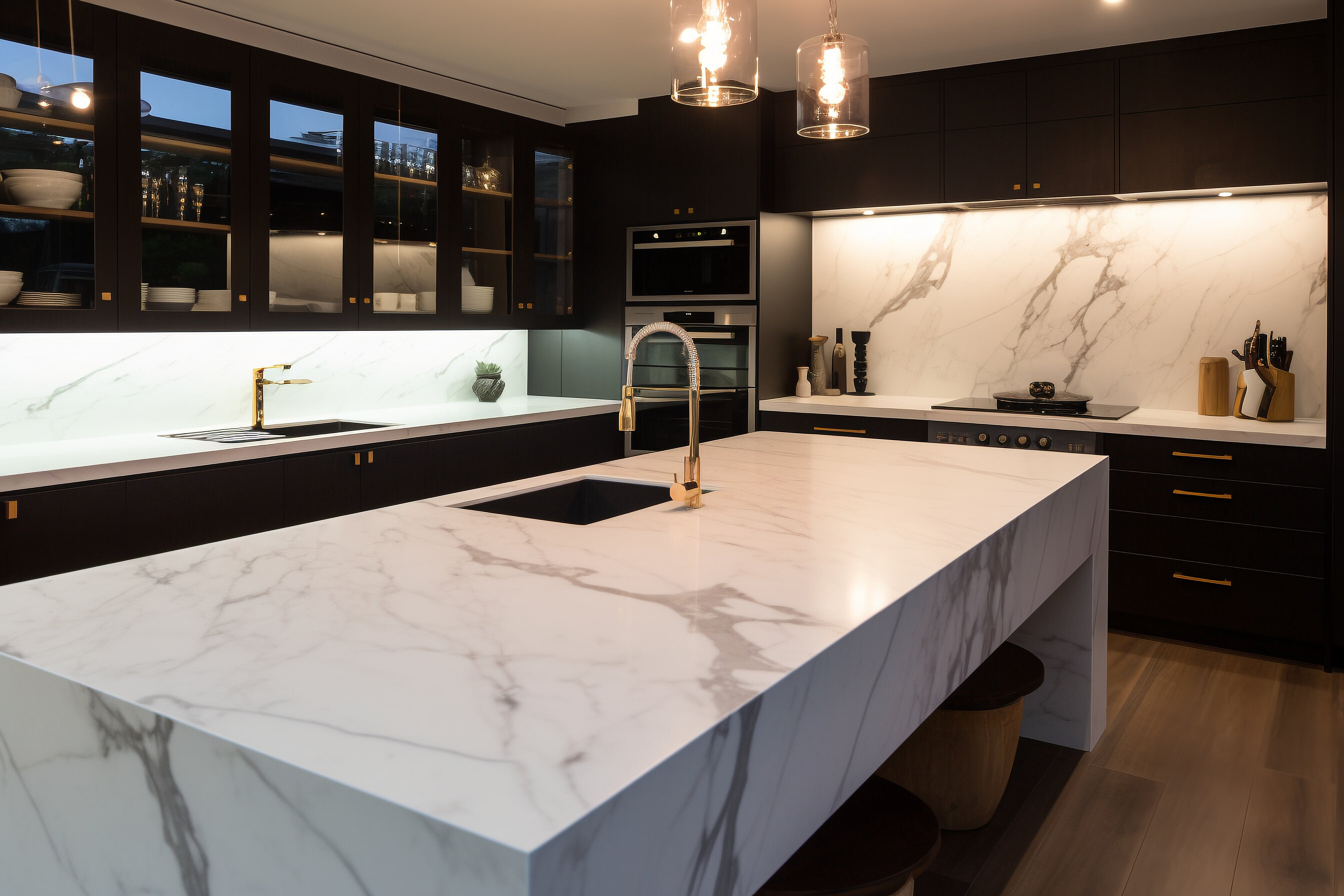 Luxury kitchen with white marble sintered stone island countertop