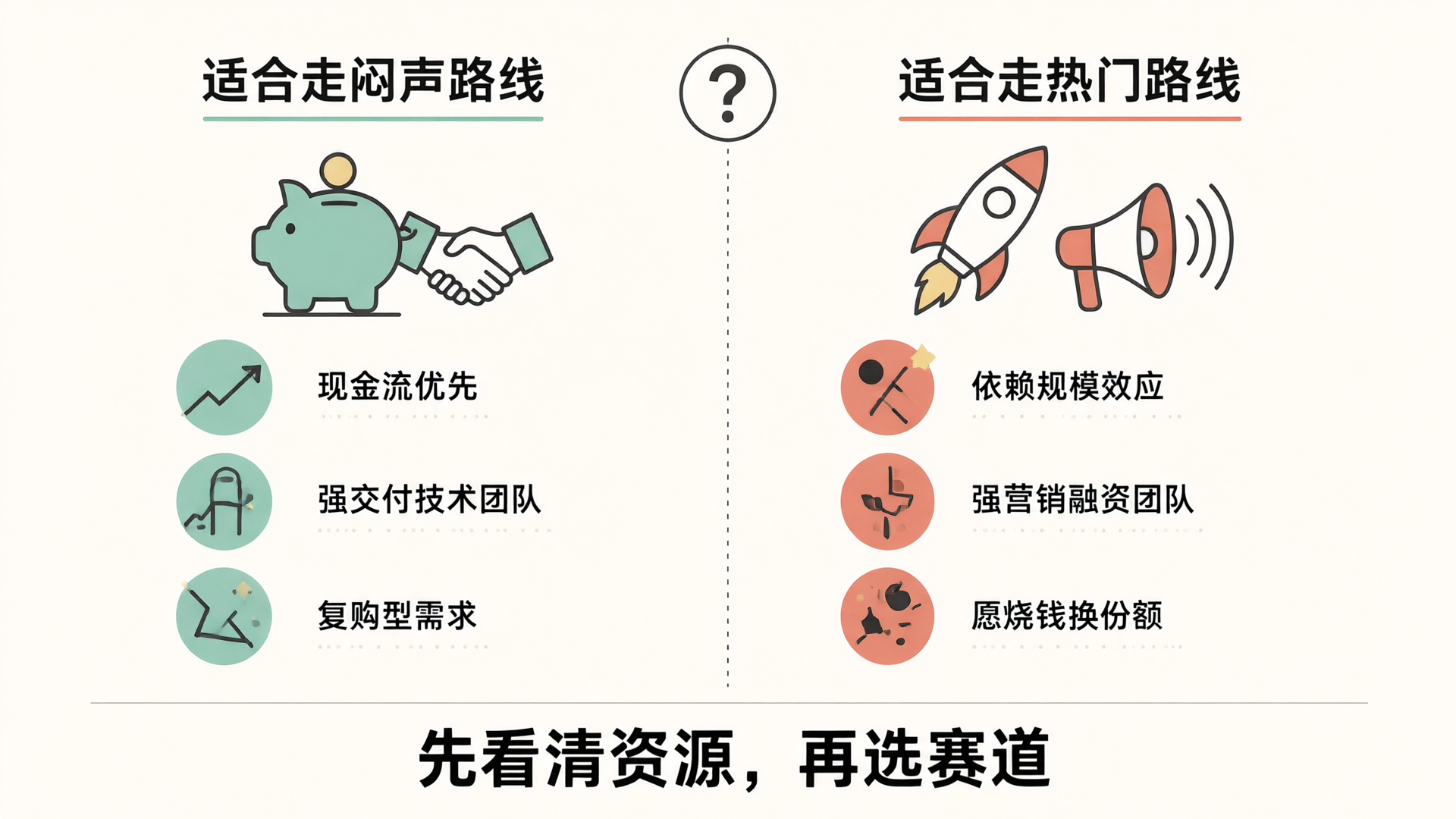 适合走闷声路线与适合走热门路线的两类创业者条件对照