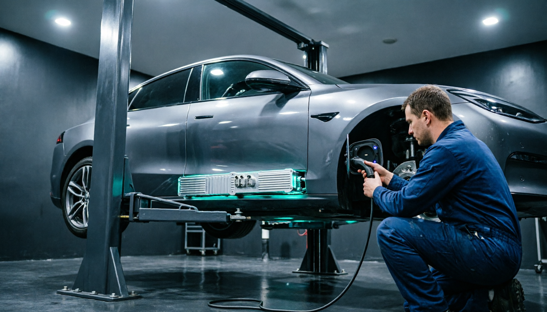 The battery pack remains mounted on the chassis at the lift station. The technician connects the diagnostic cable to the vehicle's charging port.