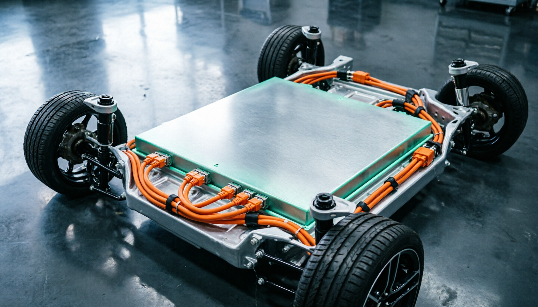 High-voltage battery pack and orange high-voltage wiring harness on the new energy vehicle chassis