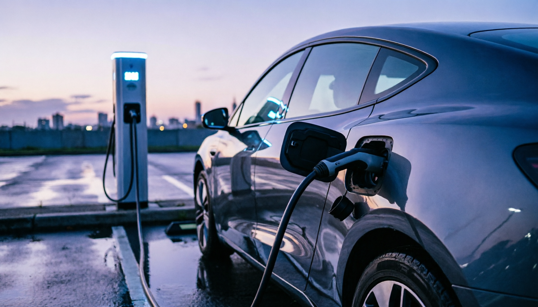 An electric vehicle is parked next to an outdoor charging station, with the charging gun inserted into the side charging port.
