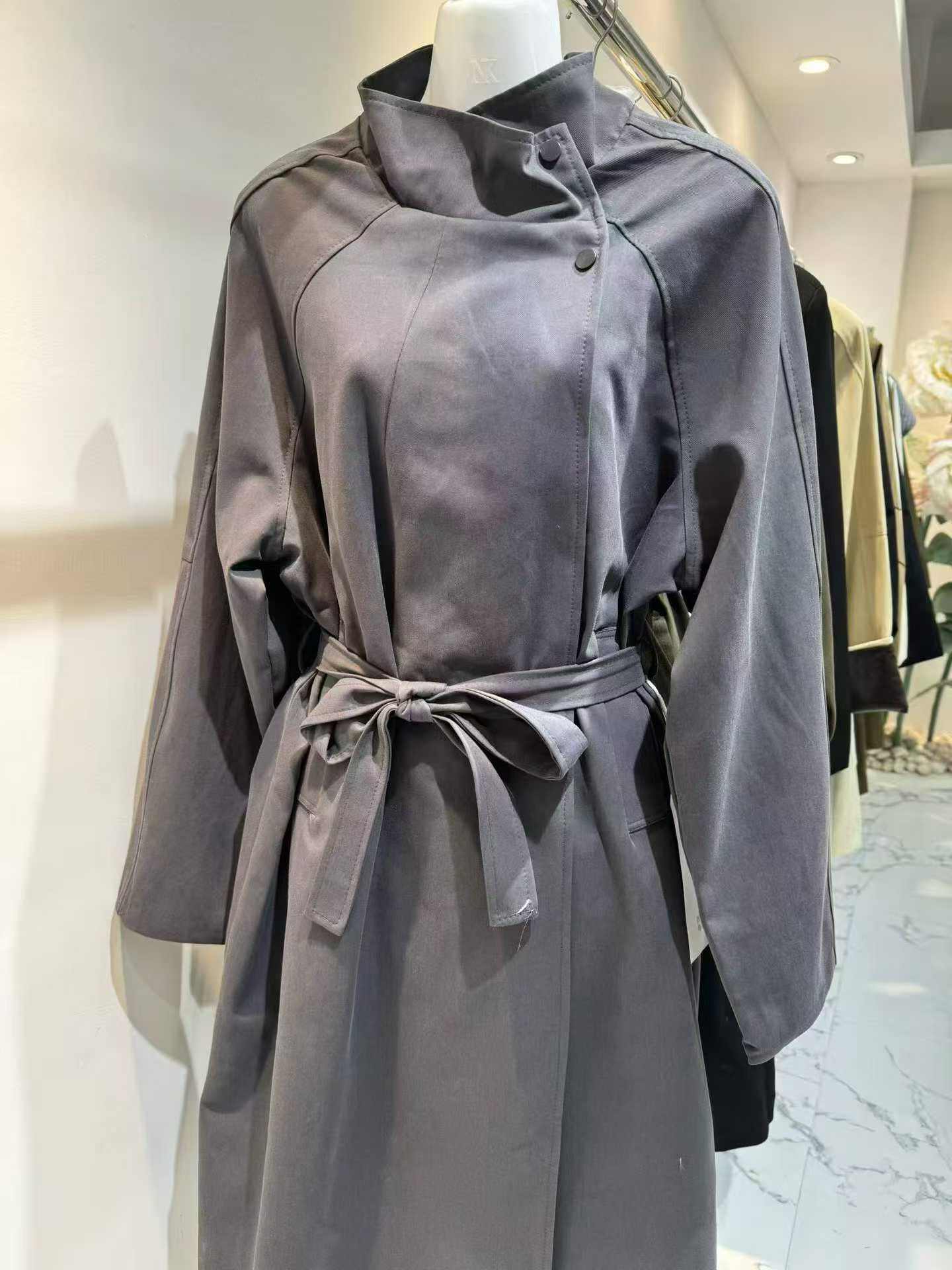 Grey High Collar Trench Coat