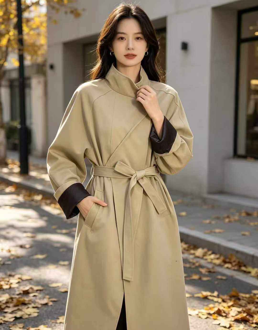 Beige Leather Cuff Trench Coat