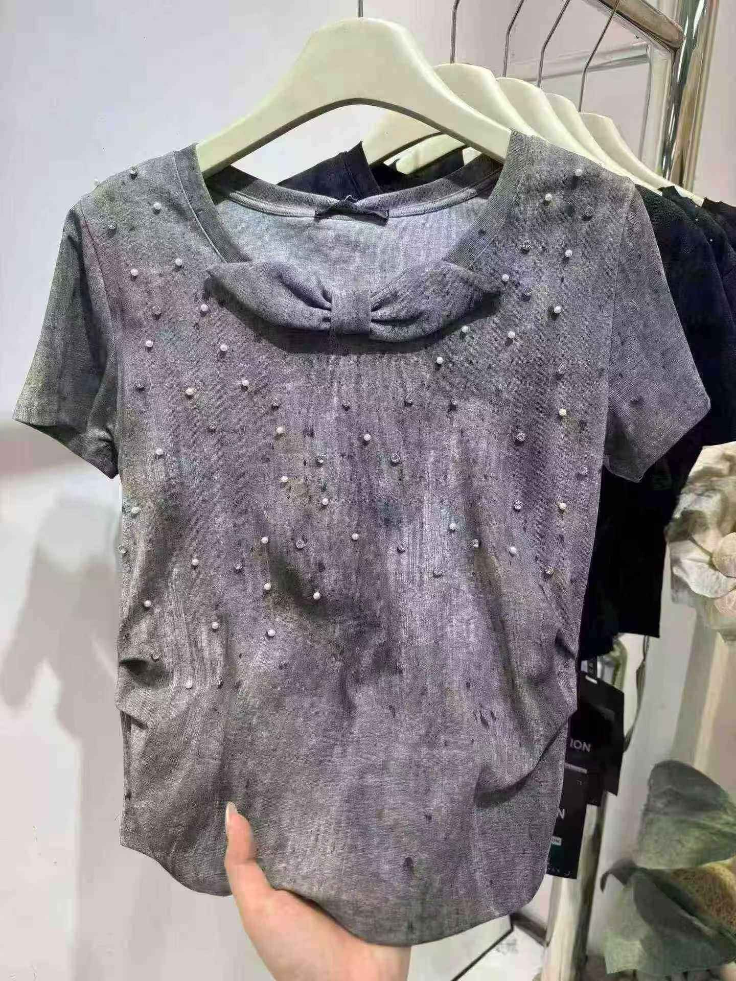 Grey Pearl Bow Neck Tee