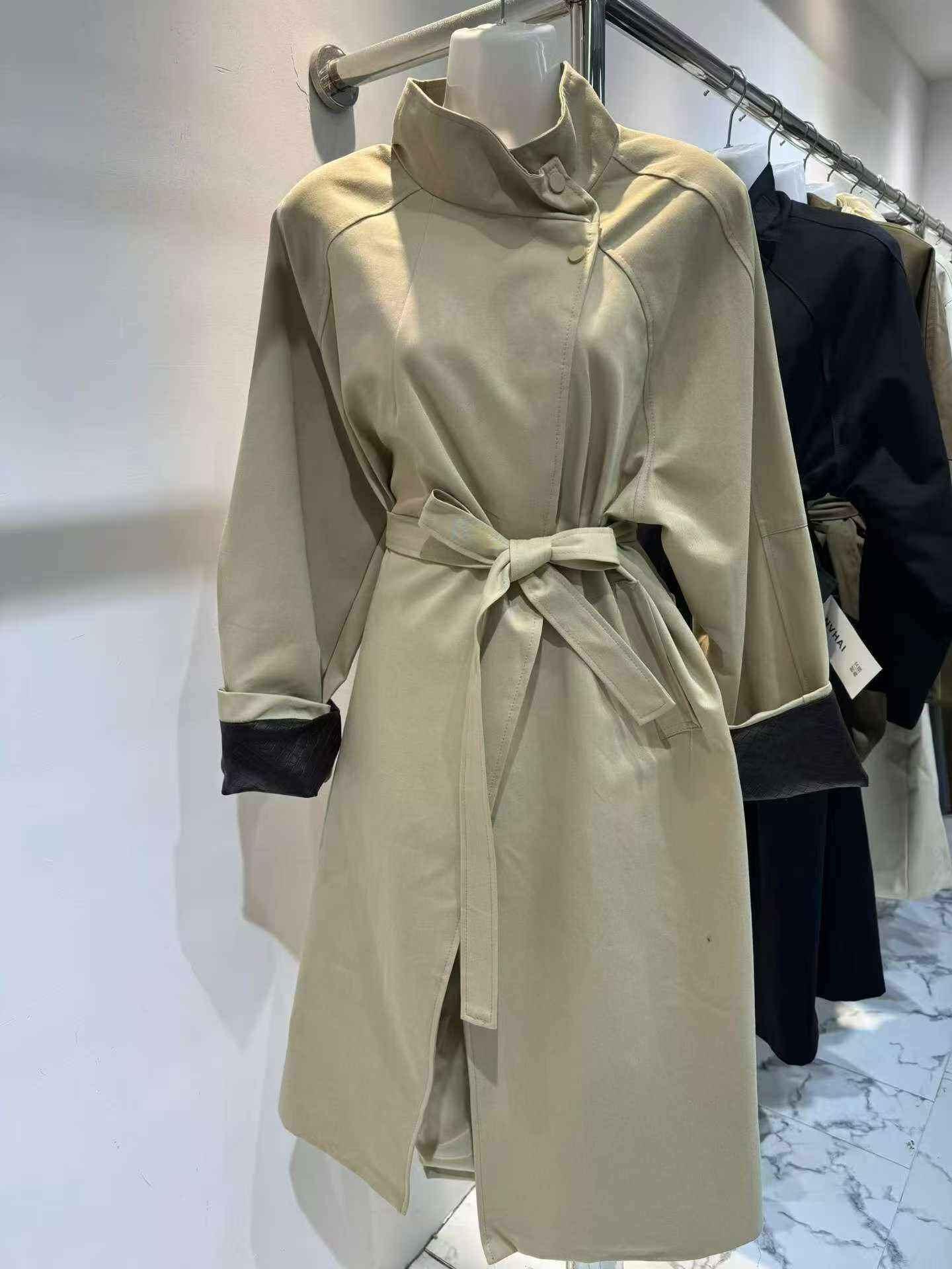 Cream Contrast Cuff Trench Coat
