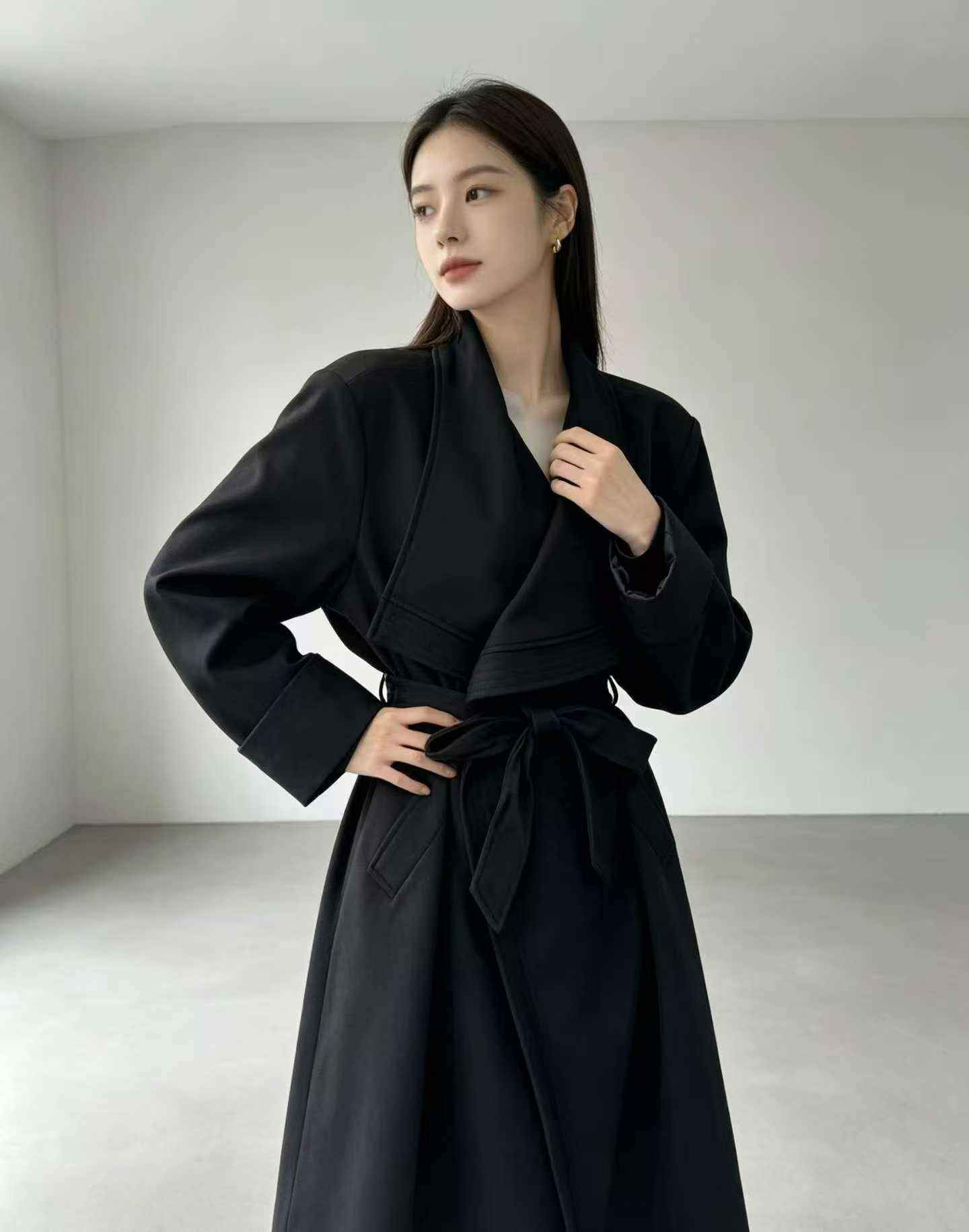 Black Wrap Belt Trench Coat