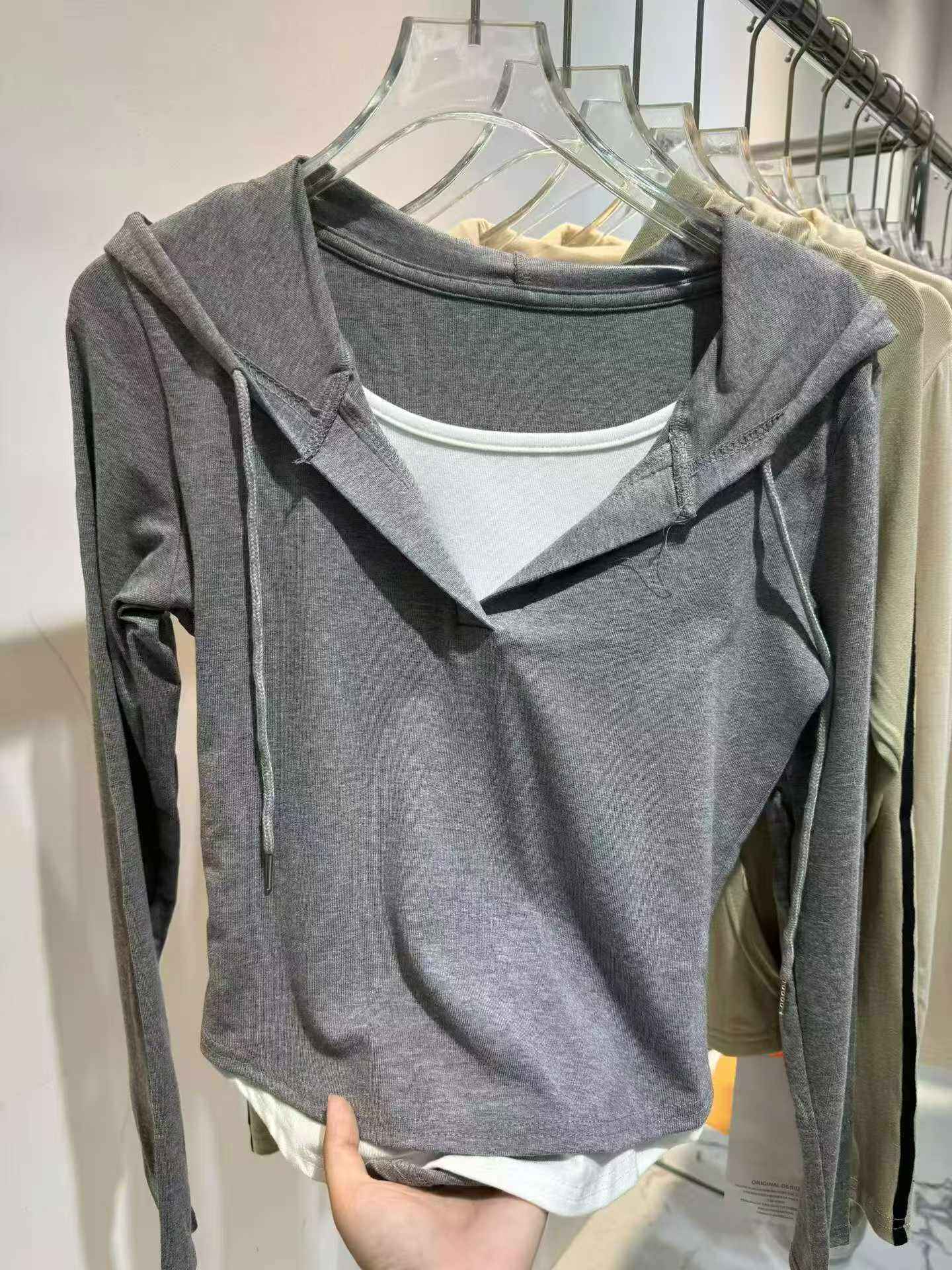 Grey Hooded Long Sleeve Top