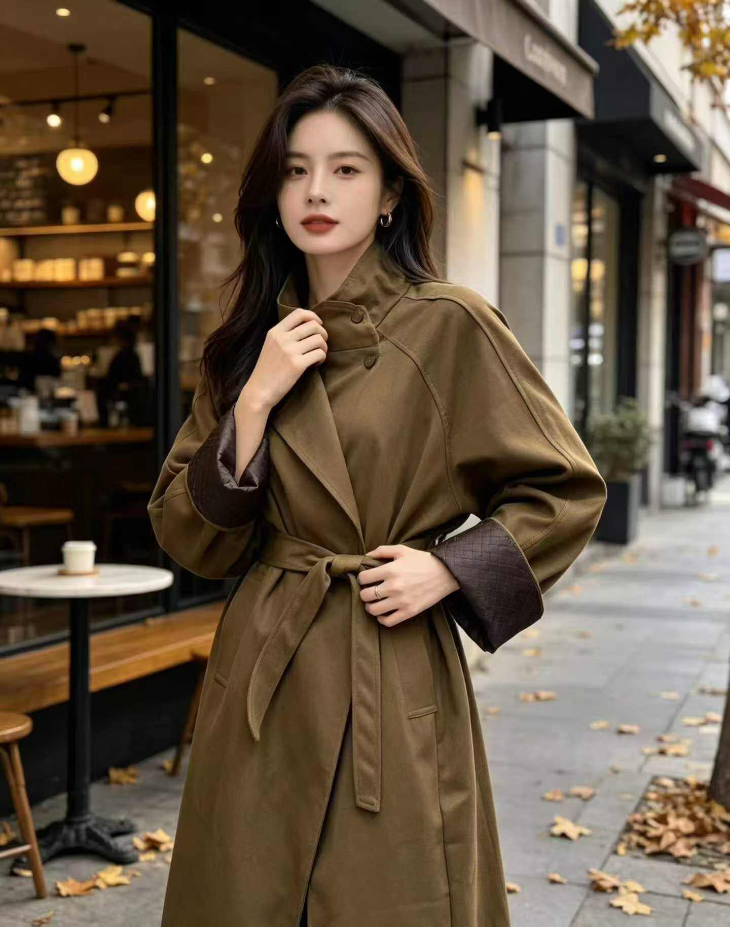 Brown Leather Cuff Trench Coat