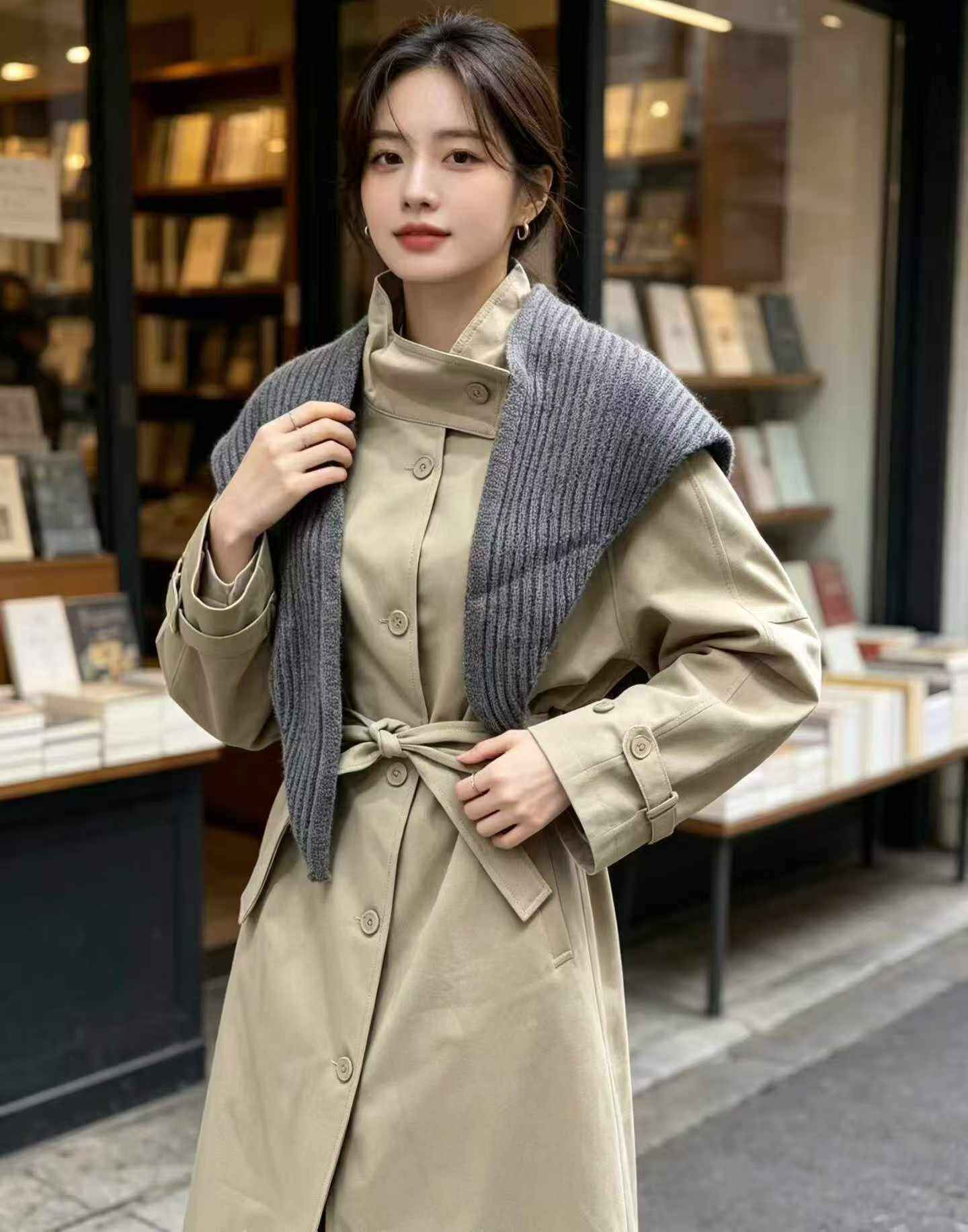 Khaki Knit Shawl Trench Coat