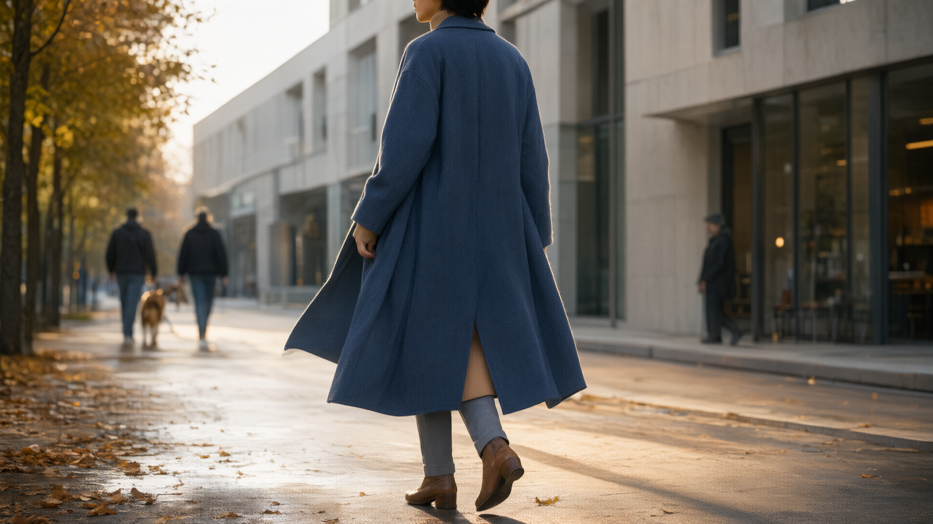 The Indigo Mist Draped Coat worn in a modern urban setting with autumn atmosphere