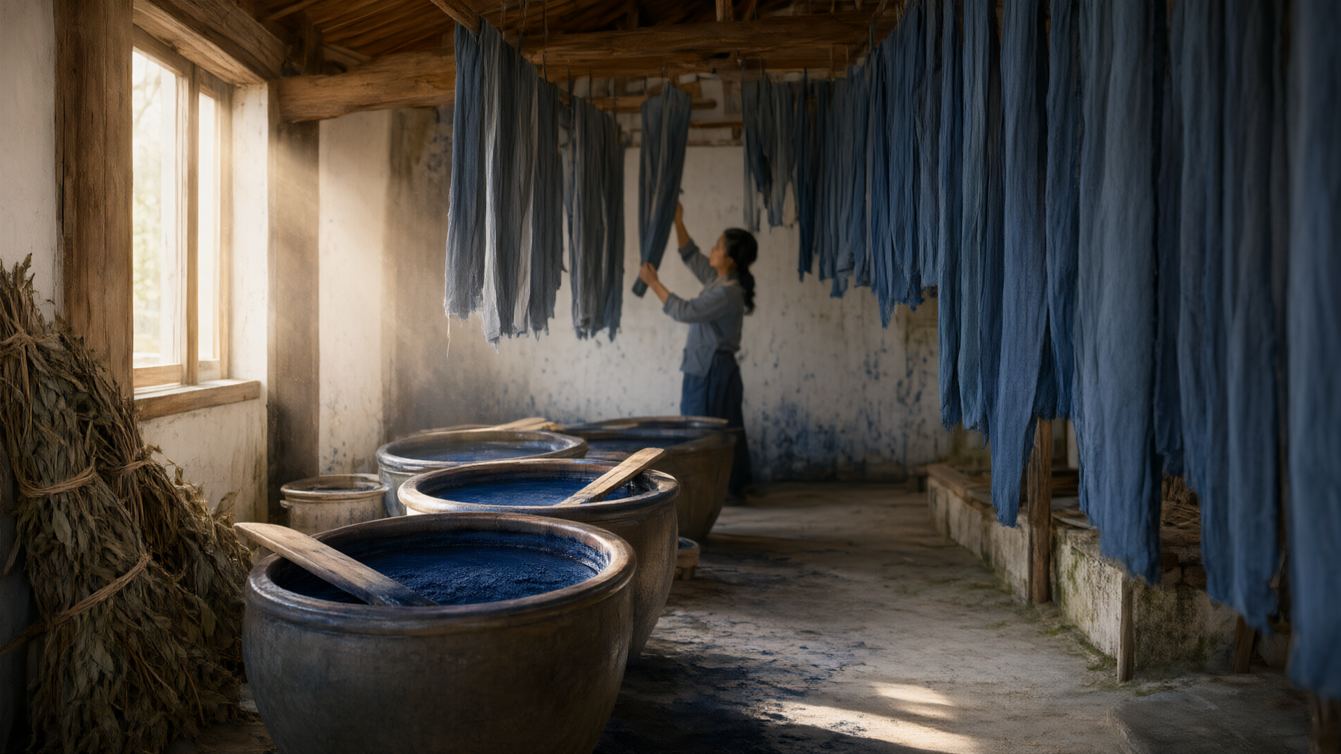 Traditional indigo dye workshop with ceramic vats and hanging fabric strips