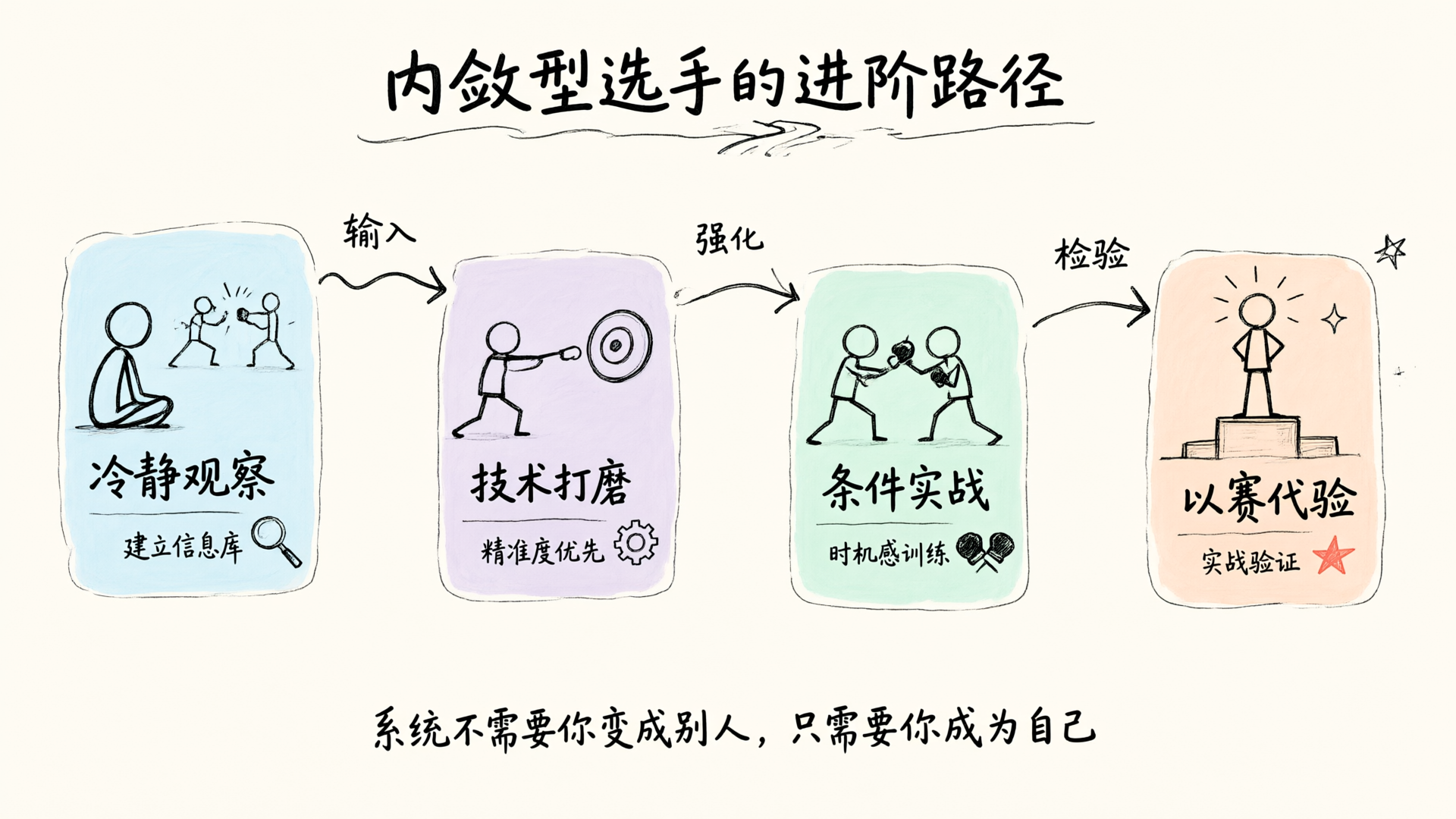 内敛型选手的进阶路径：冷静观察 → 技术打磨 → 条件实战 → 以赛代验