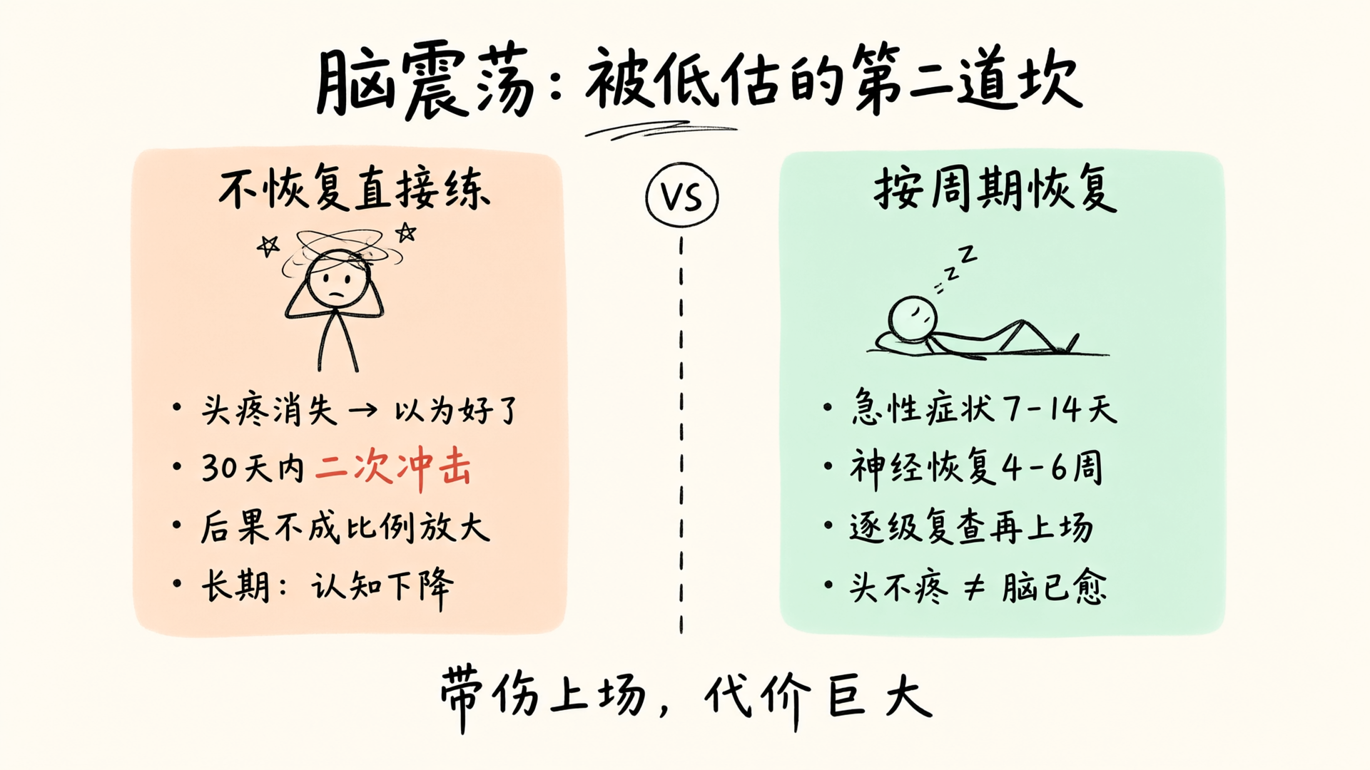 脑震荡两种路径对比：不恢复直接练导致二次冲击与认知下降，按周期恢复逐级复查再上场