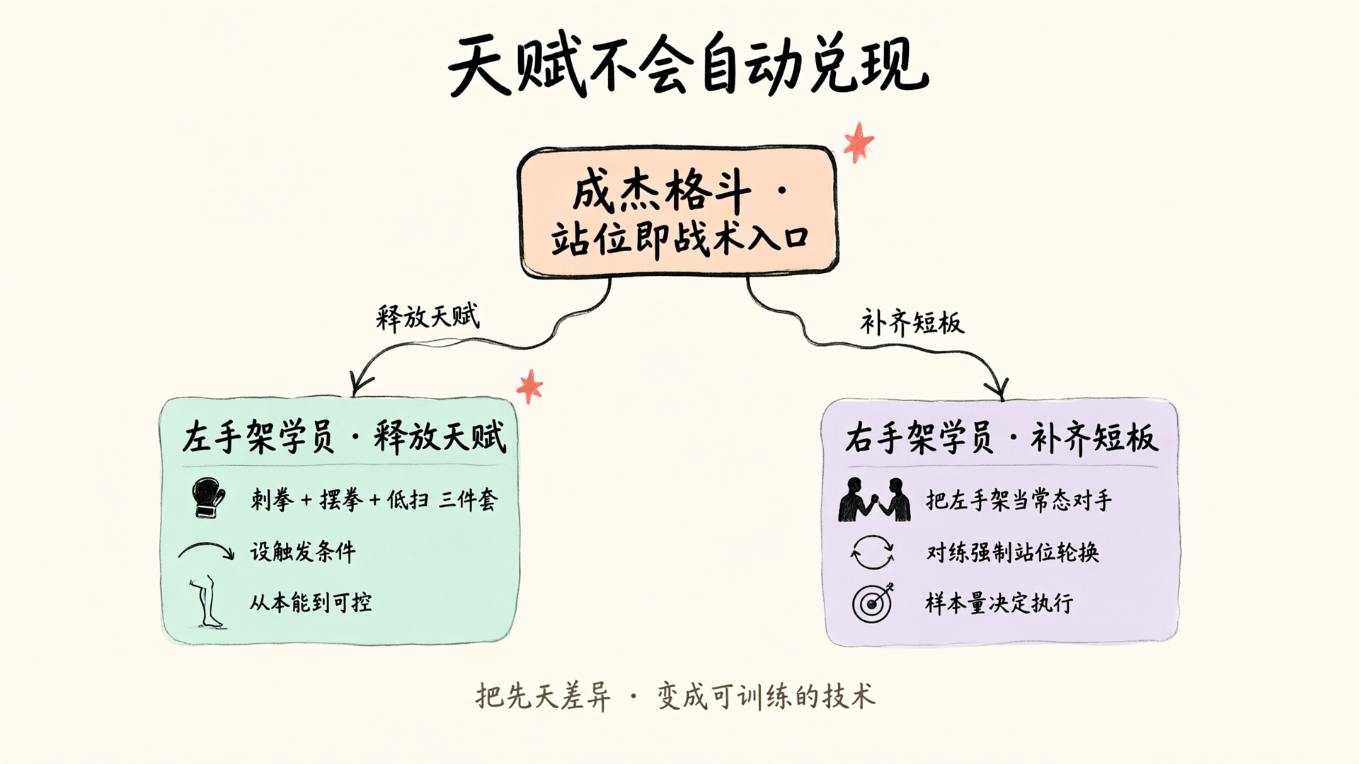 两条训练路径：左手架学员释放天赋，右手架学员补齐短板