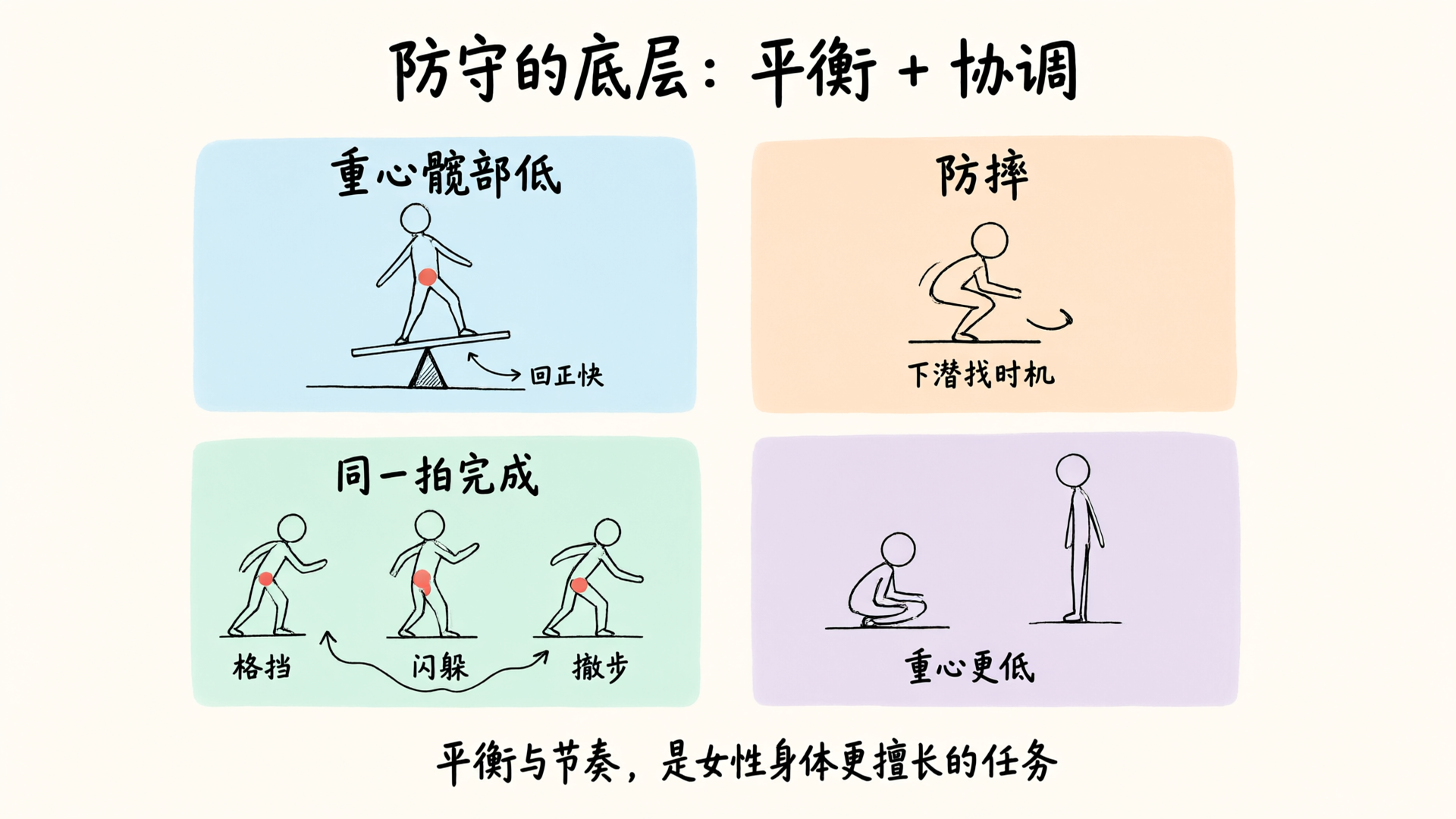 防守底层四要点：重心低回正快、下潜找时机、格挡闪躲撤步同一拍完成