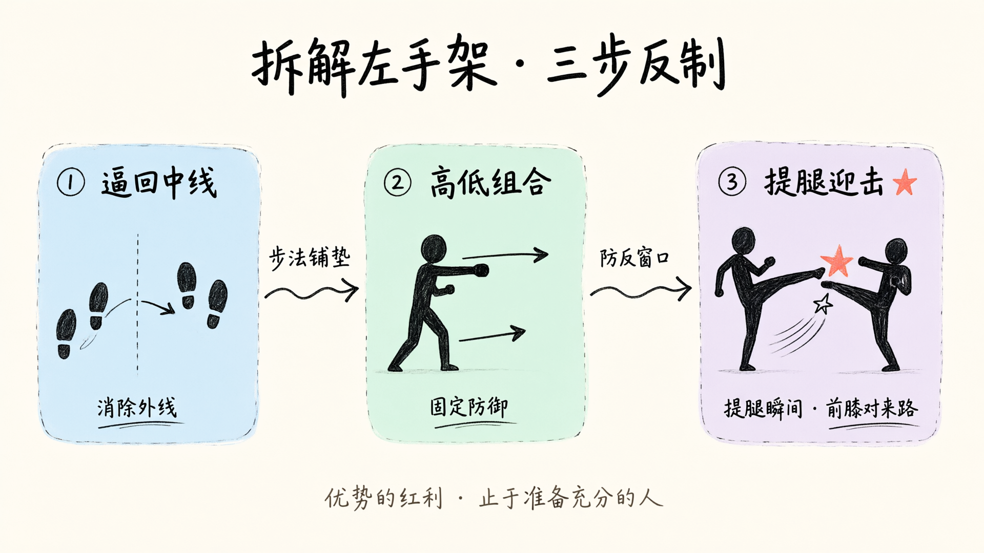 拆解左手架的三步反制流程：逼回中线、高低组合、提腿迎击