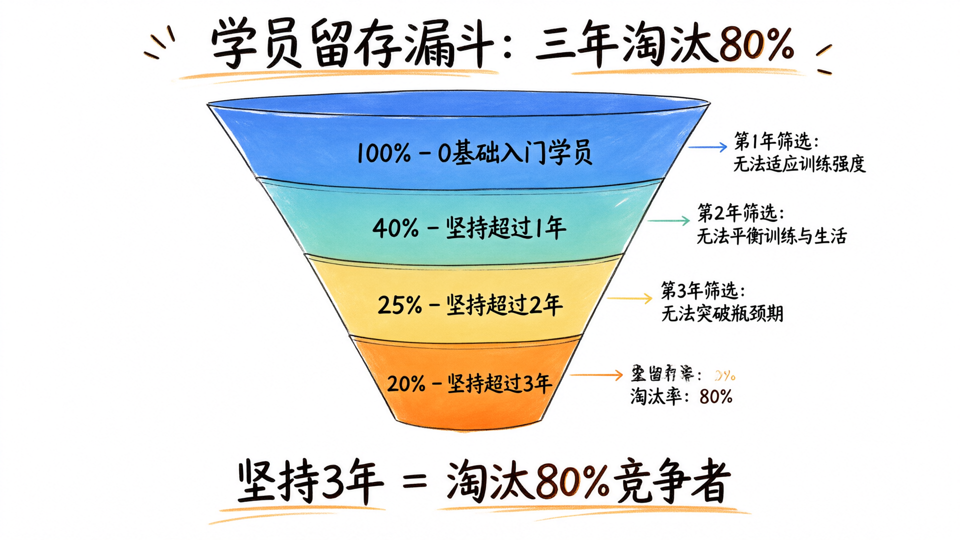学员留存漏斗：三年淘汰80%