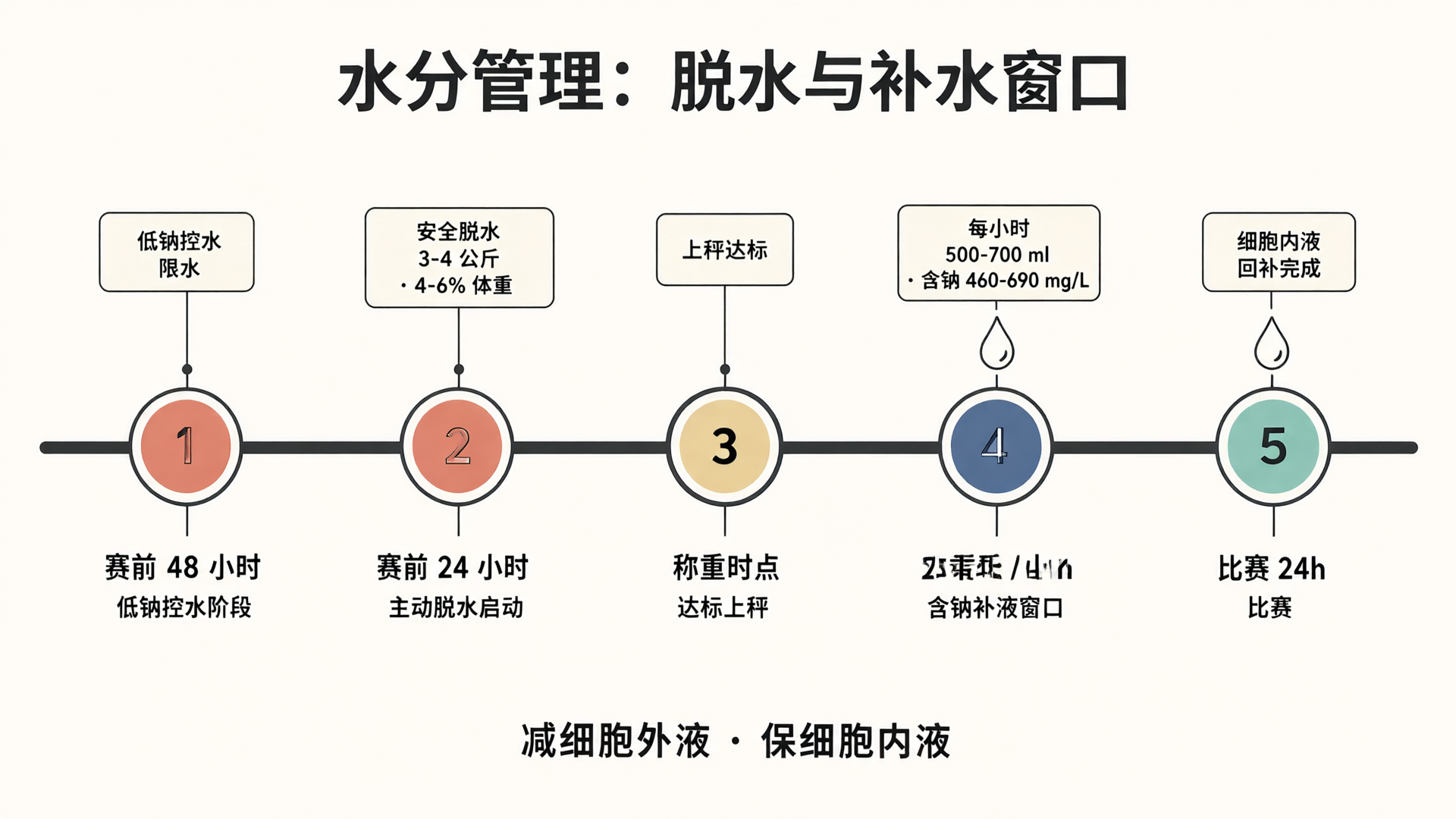 水分管理时间线：赛前48h低钠控水到赛后24h含钠补液