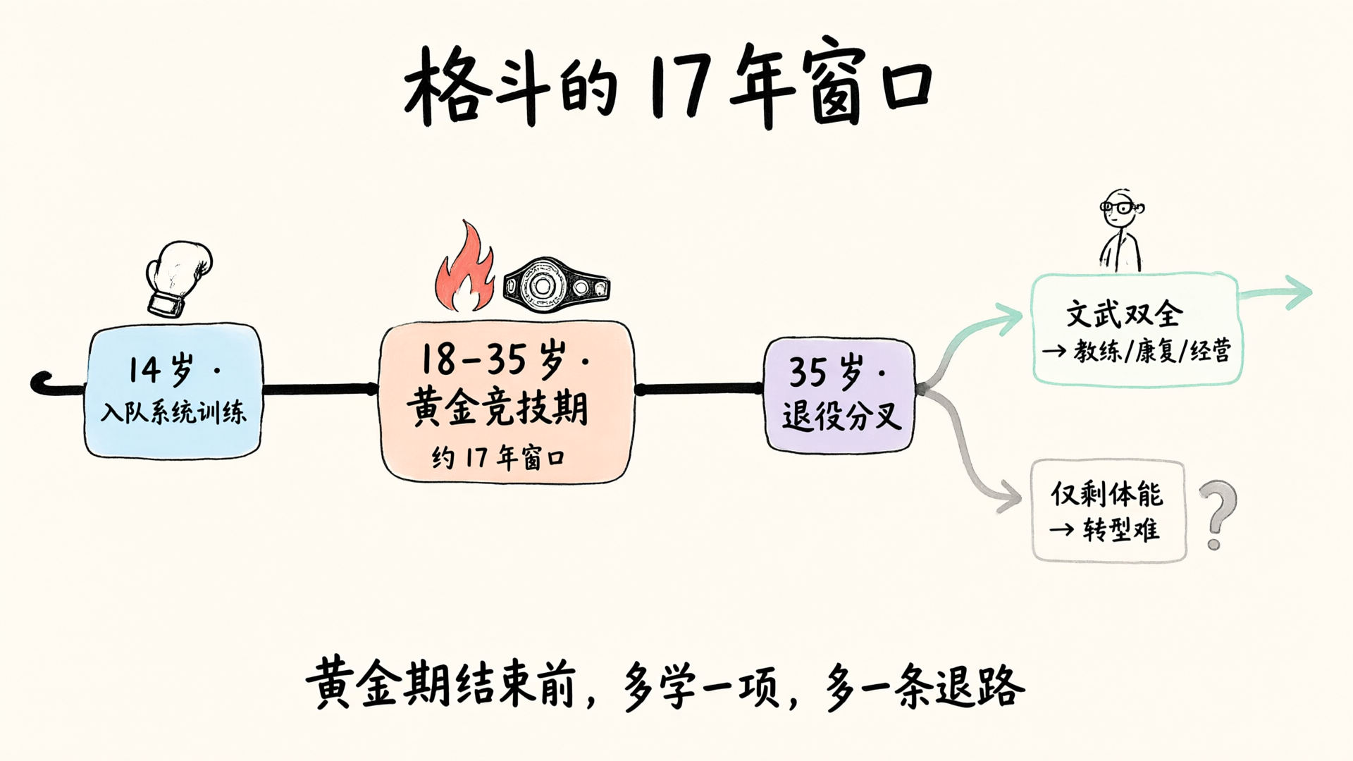 格斗运动员 17 年竞技窗口与退役分叉