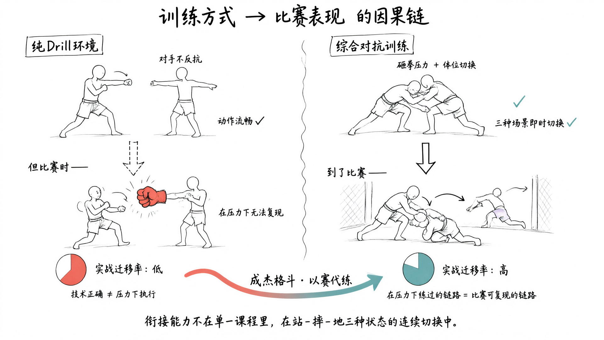 对比训练模式：分离drill vs 综合衔接对抗