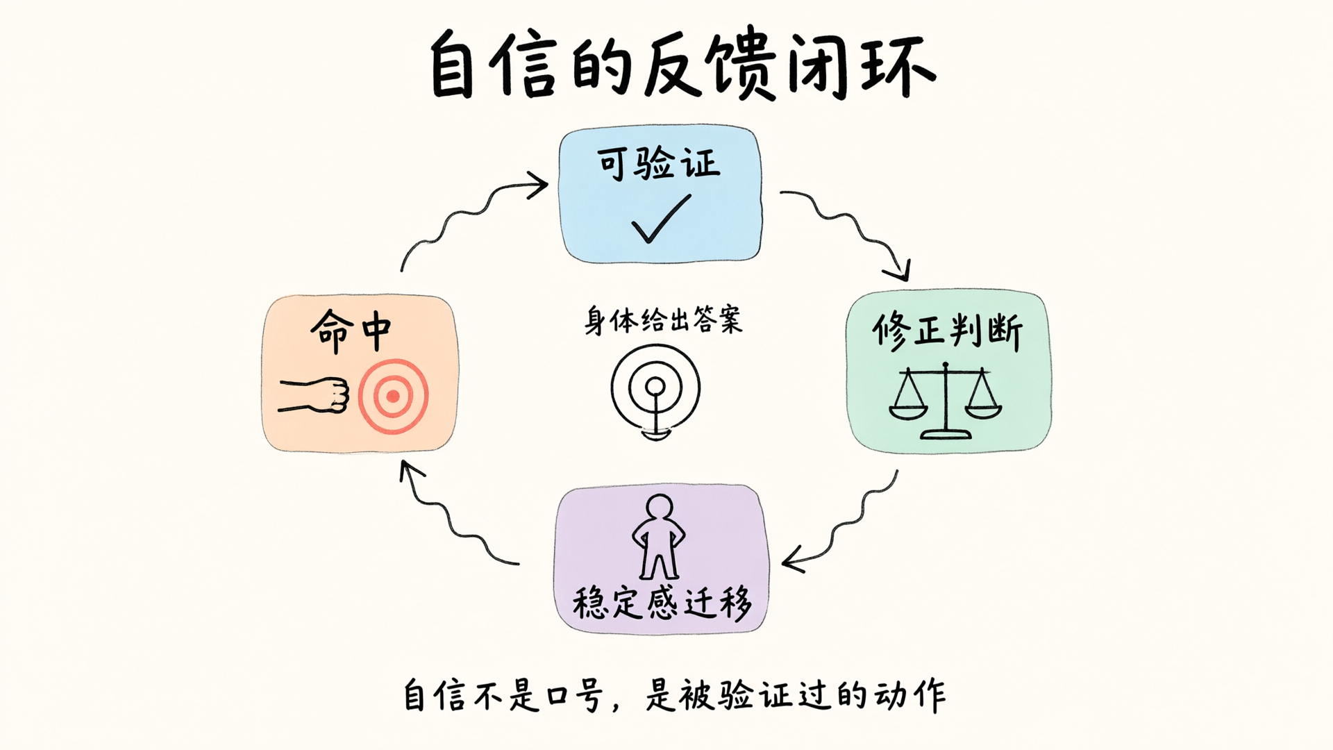 自信反馈闭环：命中、可验证、修正判断、稳定感迁移四节点循环
