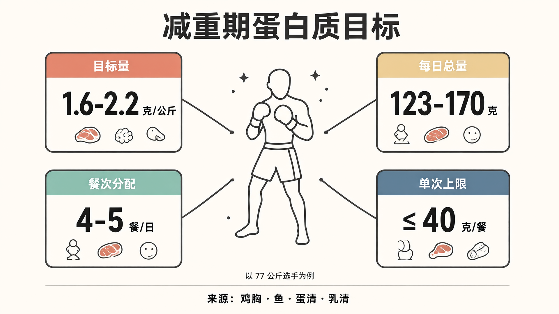 减重期蛋白质目标：每公斤1.6-2.2克、分4-5餐、单次不超过40克