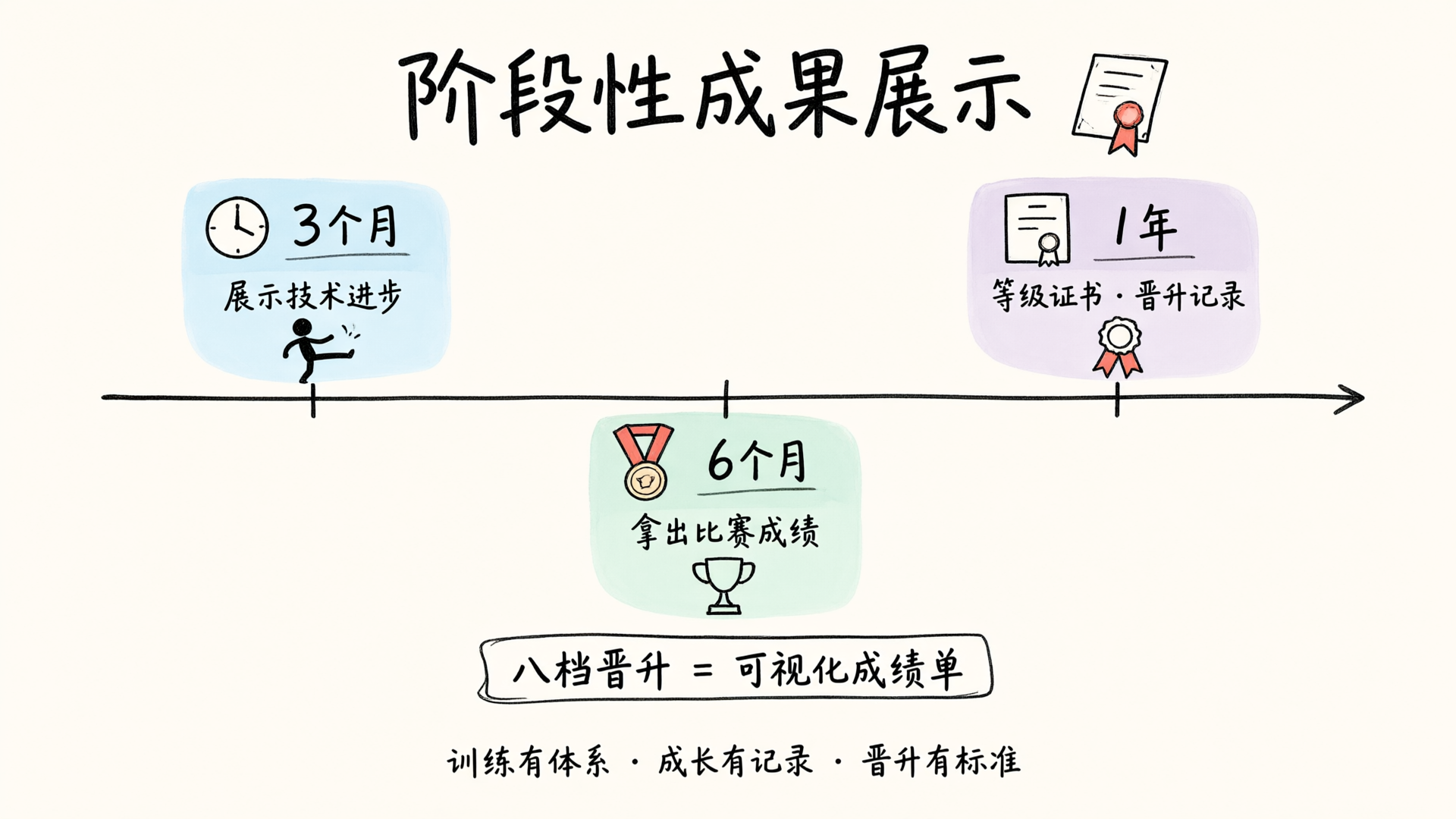 阶段性成果展示:3个月技术进步、6个月比赛成绩、1年等级证书与晋升记录