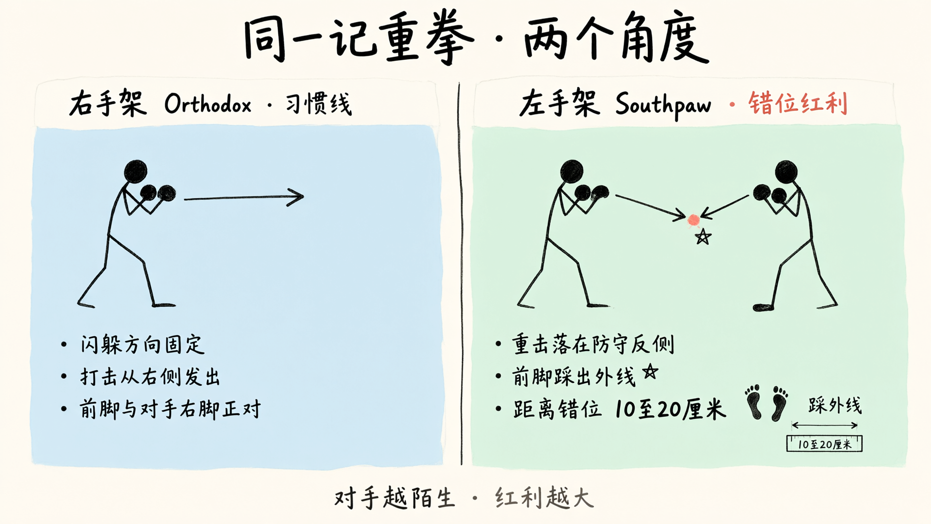 同一记重拳的两个角度：右手架习惯线与左手架错位红利对照