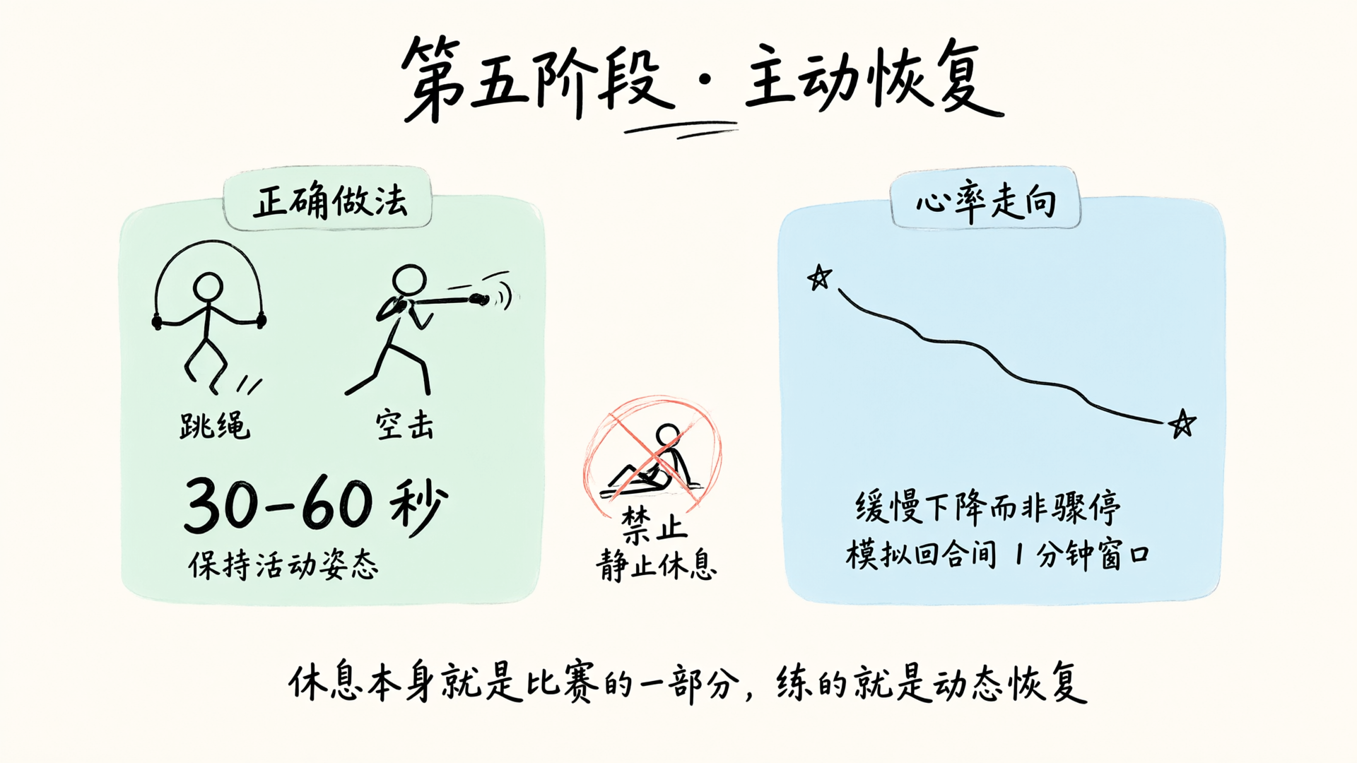 第五阶段 · 主动恢复：30-60 秒跳绳或空击保持活动，心率缓降不骤停，禁止静止休息