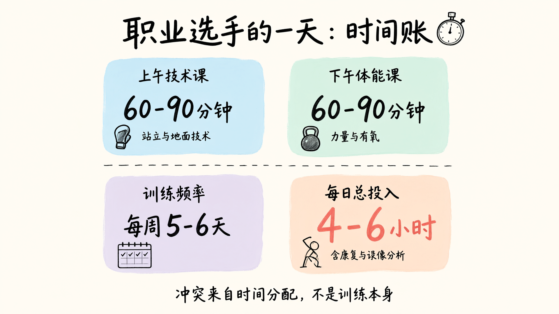 职业选手的一天：上午技术课与下午体能课各60-90分钟，每周5-6天，每日总投入4-6小时