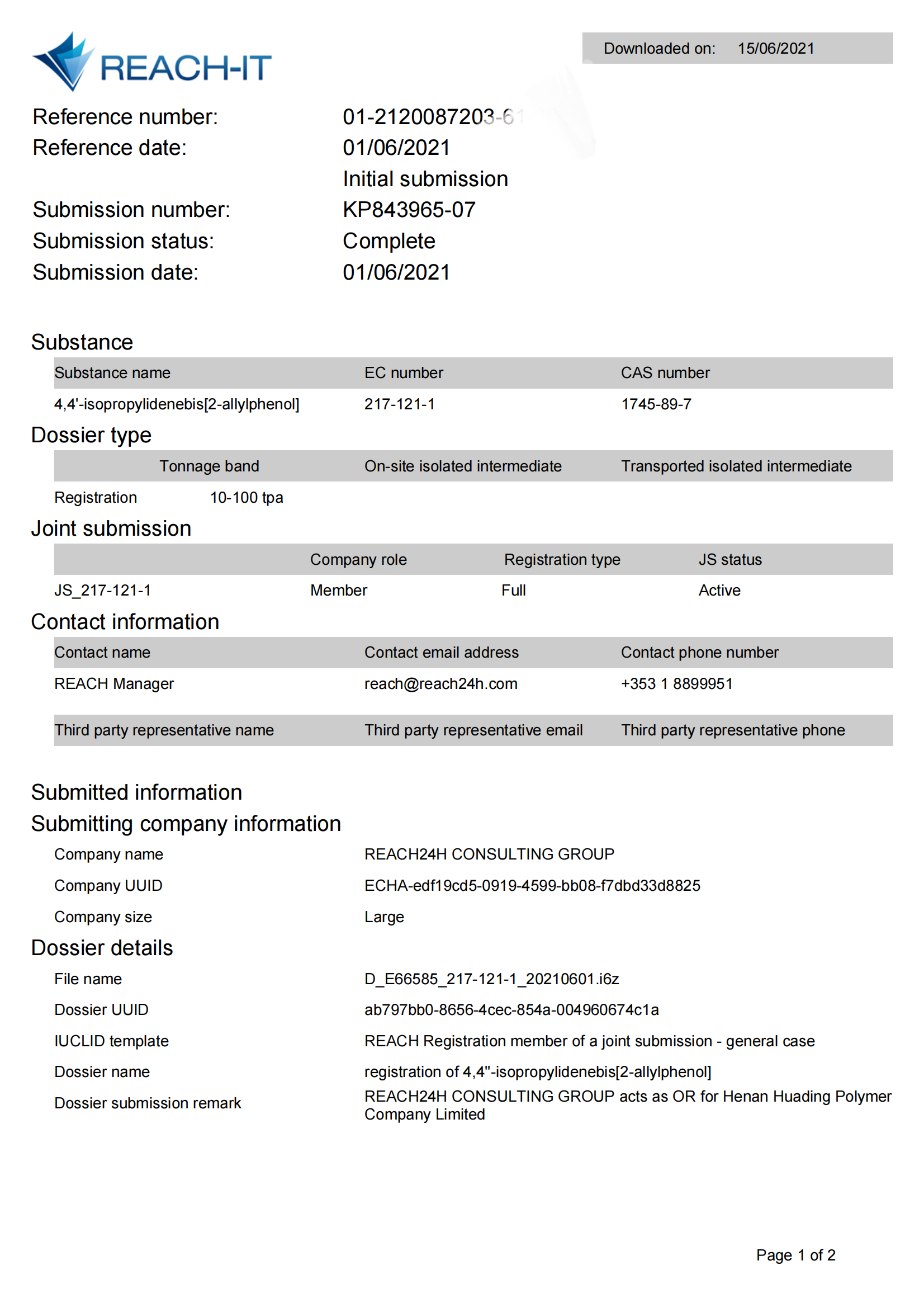 REACH Certification - 4,4'-isopropylidenebis[2-allylphenol]