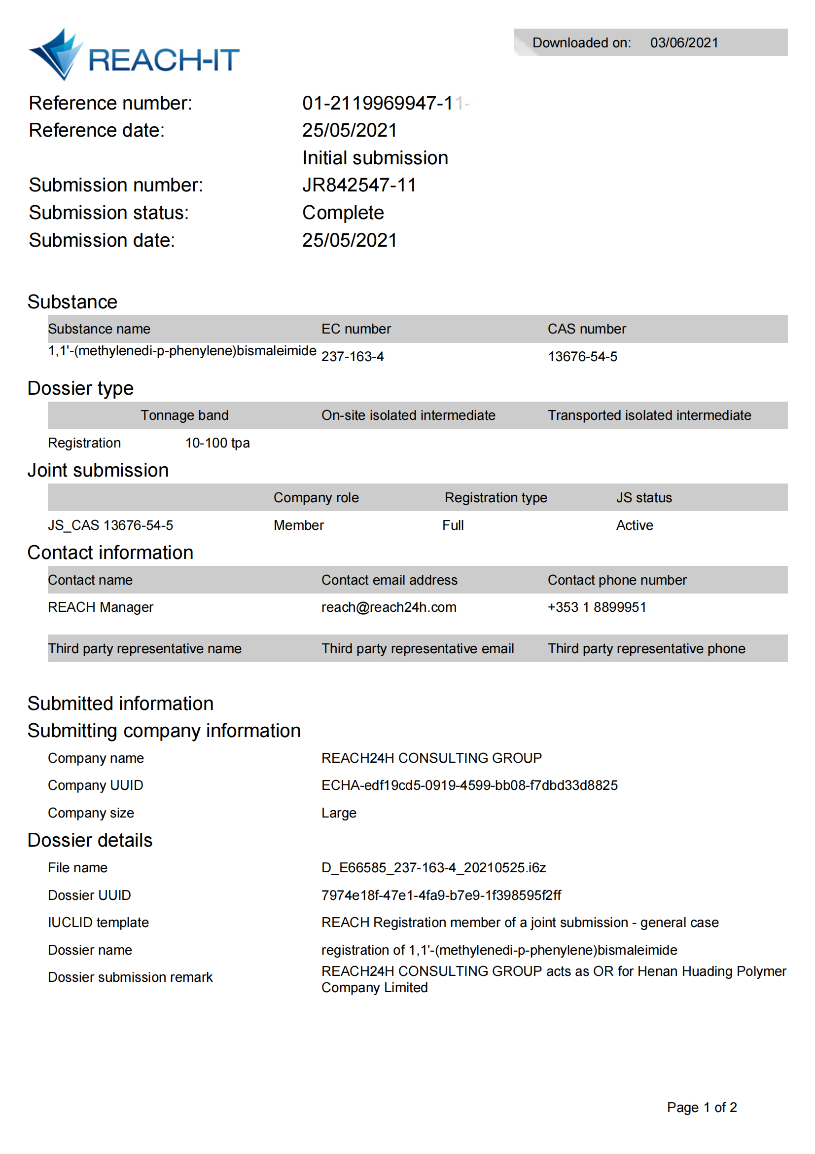 REACH Certification - 1,1'-(methylenedi-p-phenylene)bismaleimide