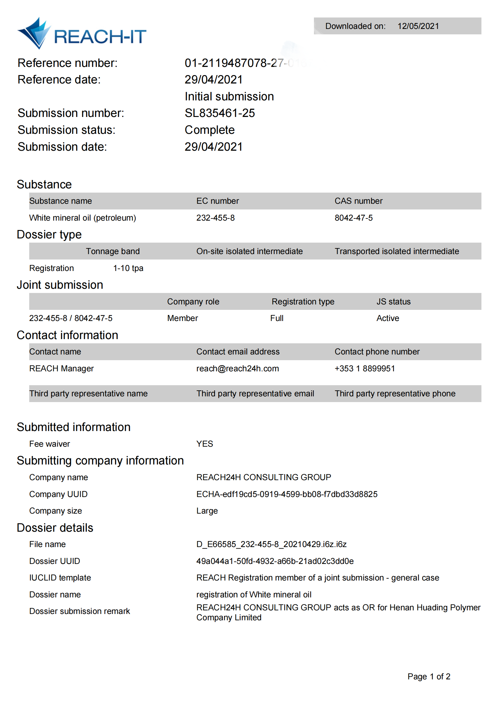 REACH Certification - White mineral oil