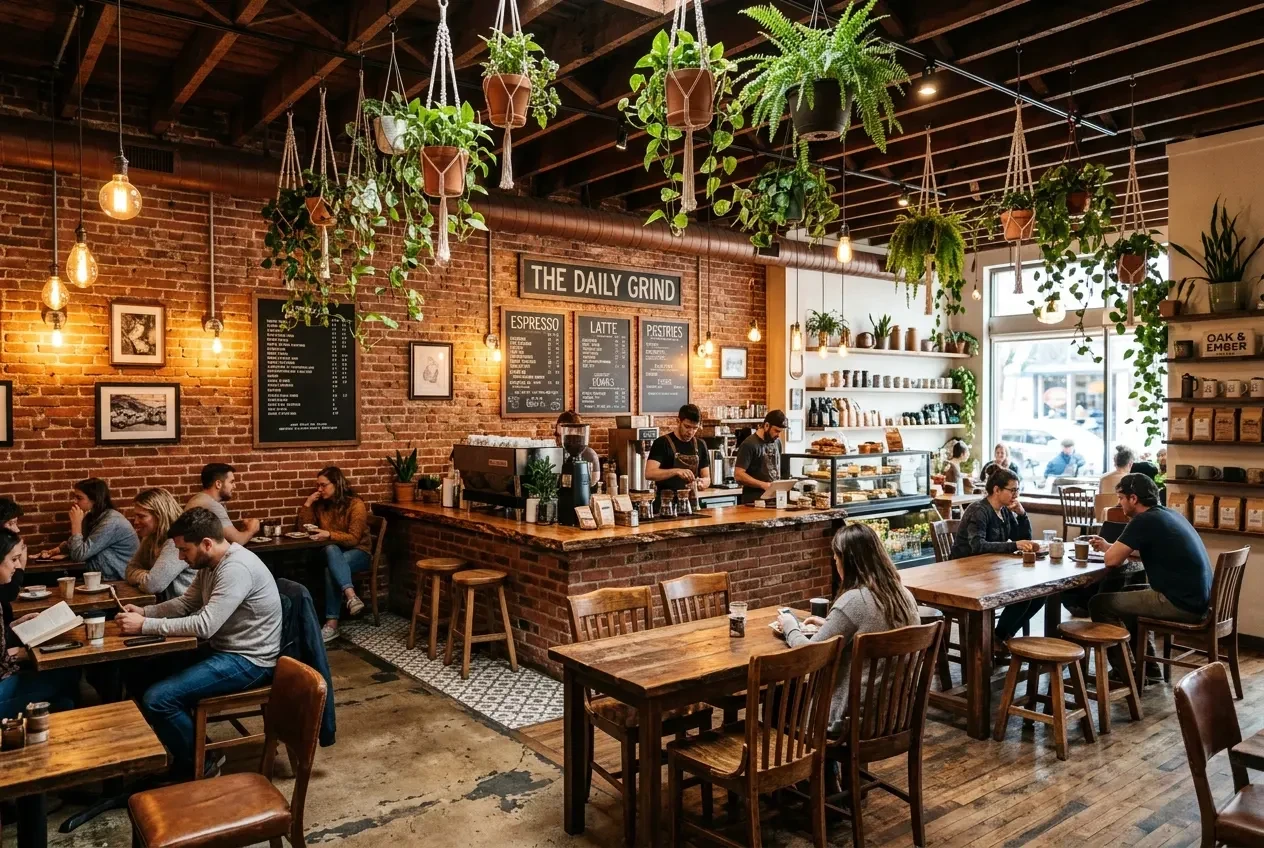 砖墙与绿植的咖啡馆 / Café with brick wall and greenery