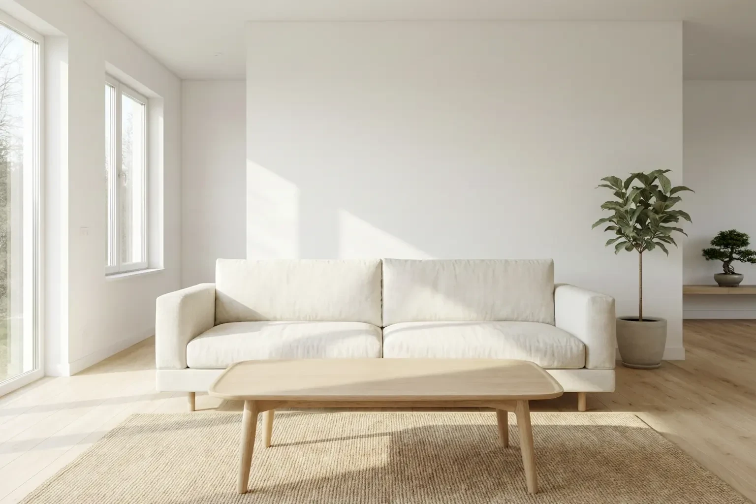 白色极简客厅与木地板 / Minimal white living room with pale oak floor