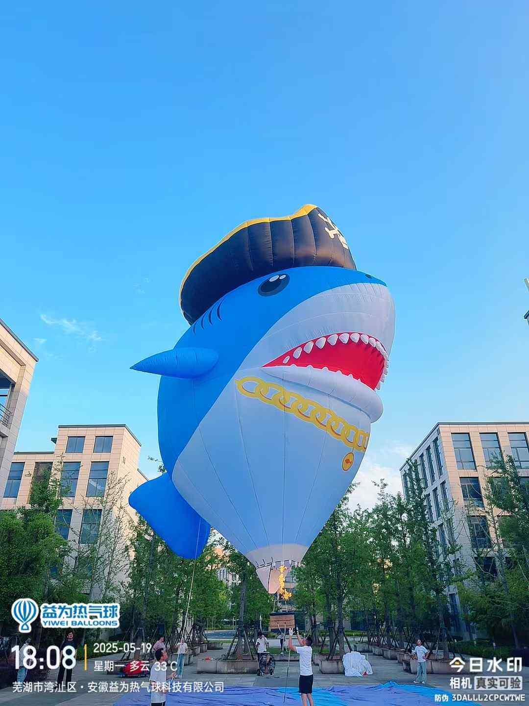 Shark-Shaped Remote-Controlled Hot Air Balloon – Blue shark with pirate hat design; ideal for ocean-themed events, scenic spot displays, and brand promotions.