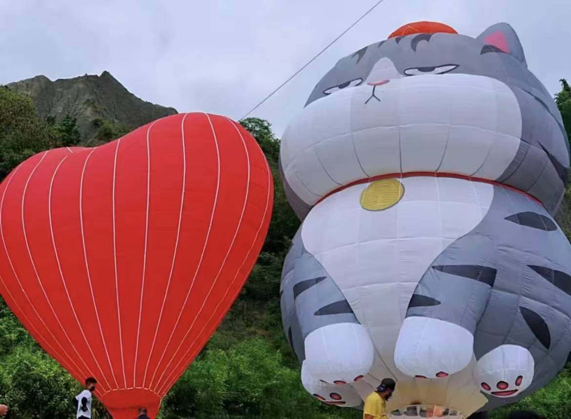 Gray Cat and Red Heart Remote-Controlled Hot Air Balloons – Dual-balloon display featuring a chubby gray-and-white striped cat paired with a red heart balloon. Ideal for scenic attractions, themed celebrations, and outdoor exhibitions. Customization available.