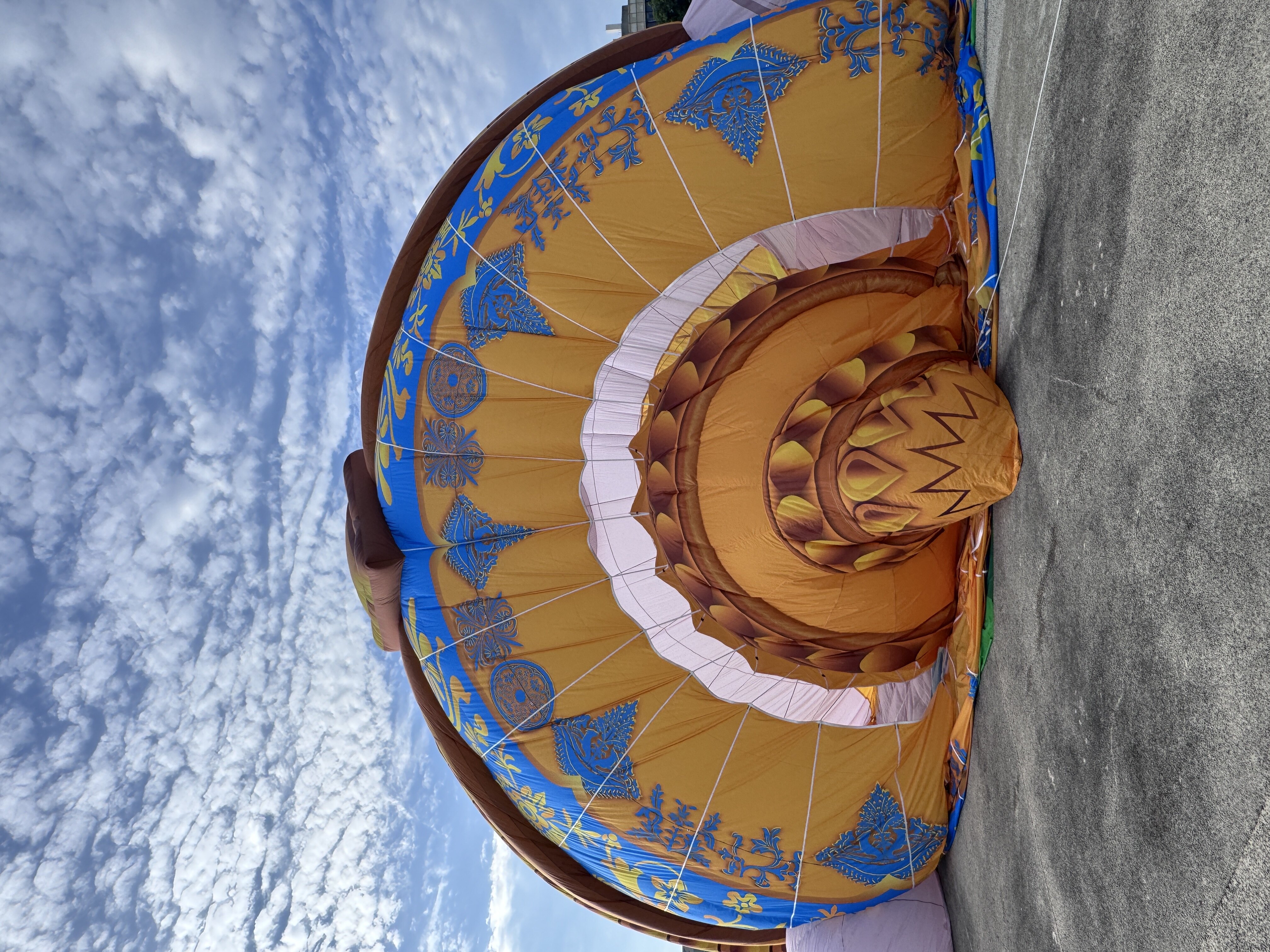 Elephant Shaped Balloon Close-up - Decorative Pattern Details Yiwei Balloons elephant shaped balloon close-up detail - golden and blue decorative patterns on balloon envelope fabric
