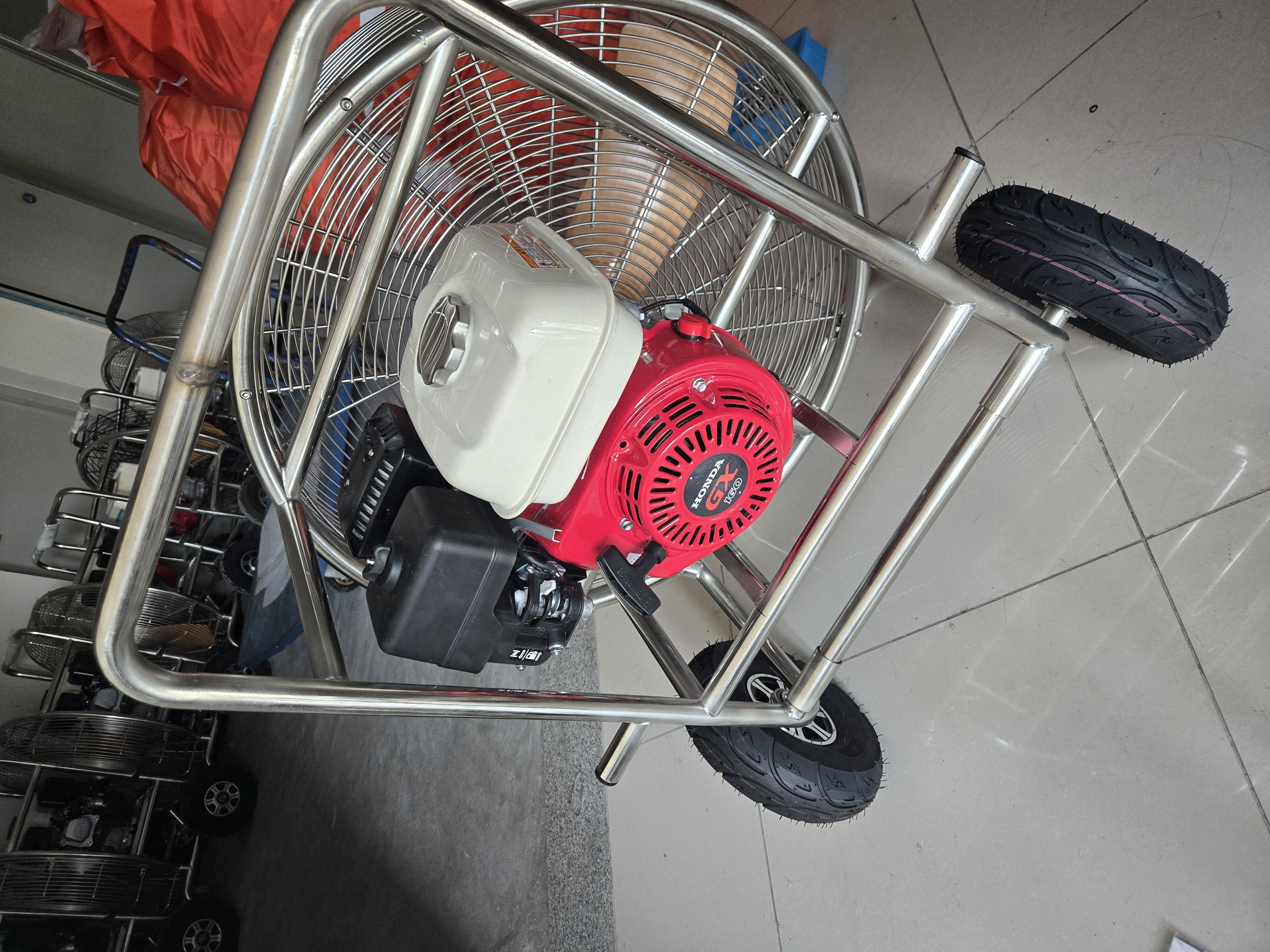 Inflation Fan with Honda Engine - Stainless Steel Frame Yiwei Balloons inflation fan with Honda engine - stainless steel frame with wheels and large fan blade for hot air balloon inflation