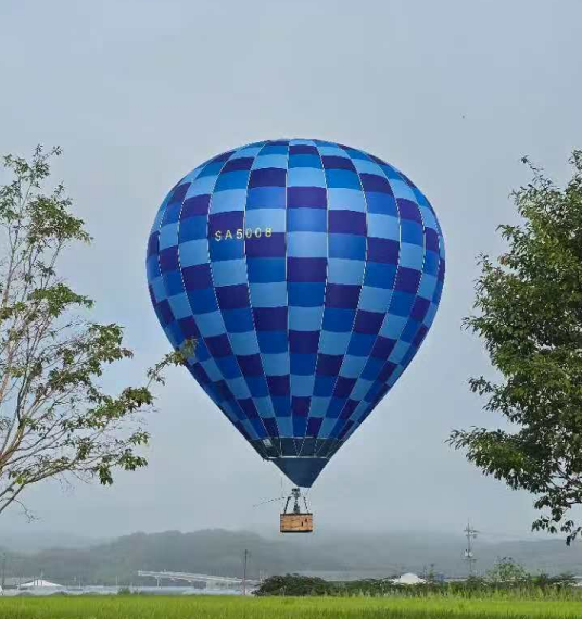 Blue Checkered Manned Hot Air Balloon SA5008 - Manned Hot-Air Balloons by Yiwei Balloons - Blue checkered manned hot air balloon with registration SA5008 flying over green field with trees and misty background.