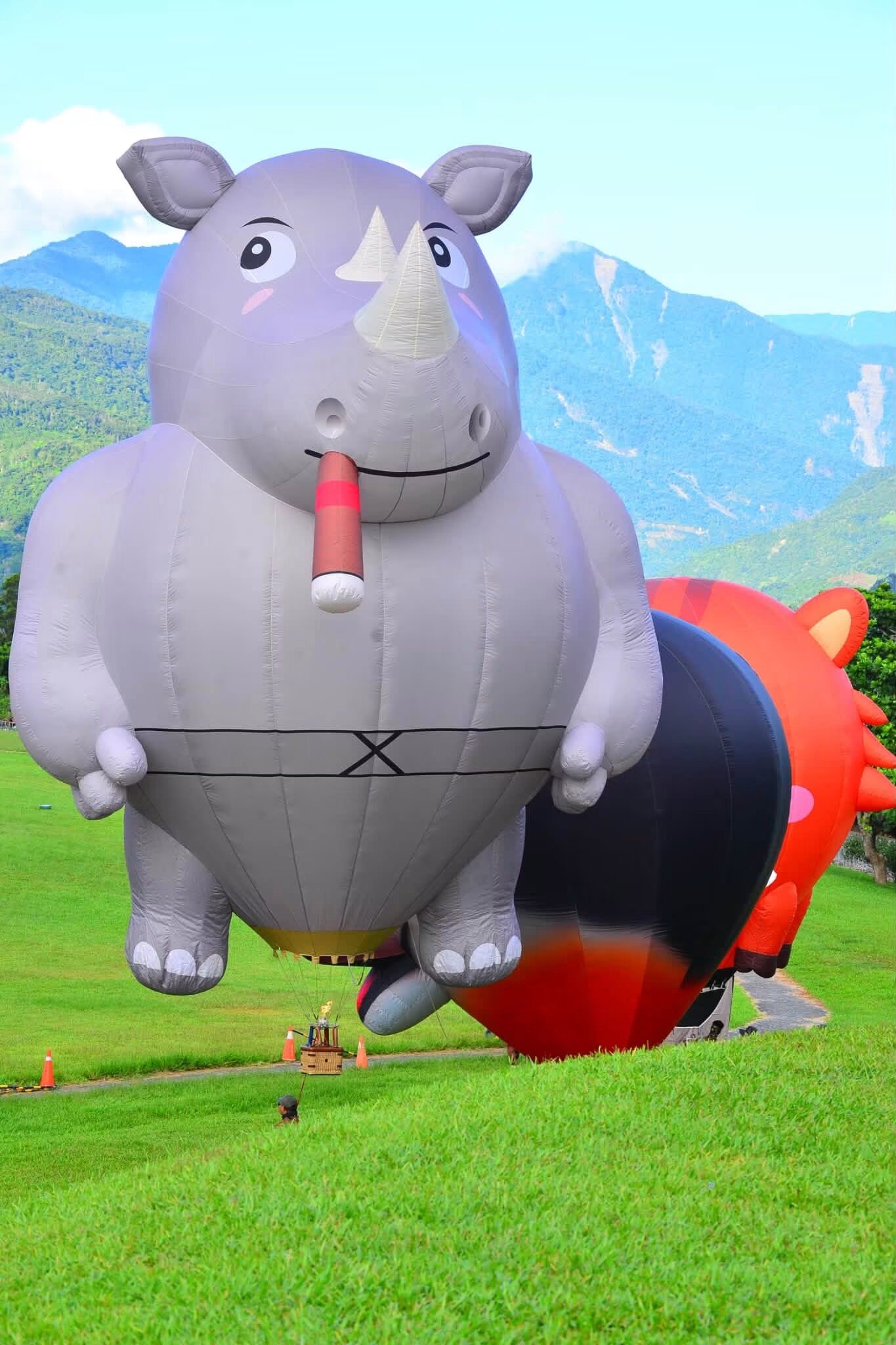 Animal Shaped RC Balloon Yiwei Balloons rhinoceros shaped RC balloon with cartoon design floating over green grass field with mountains background