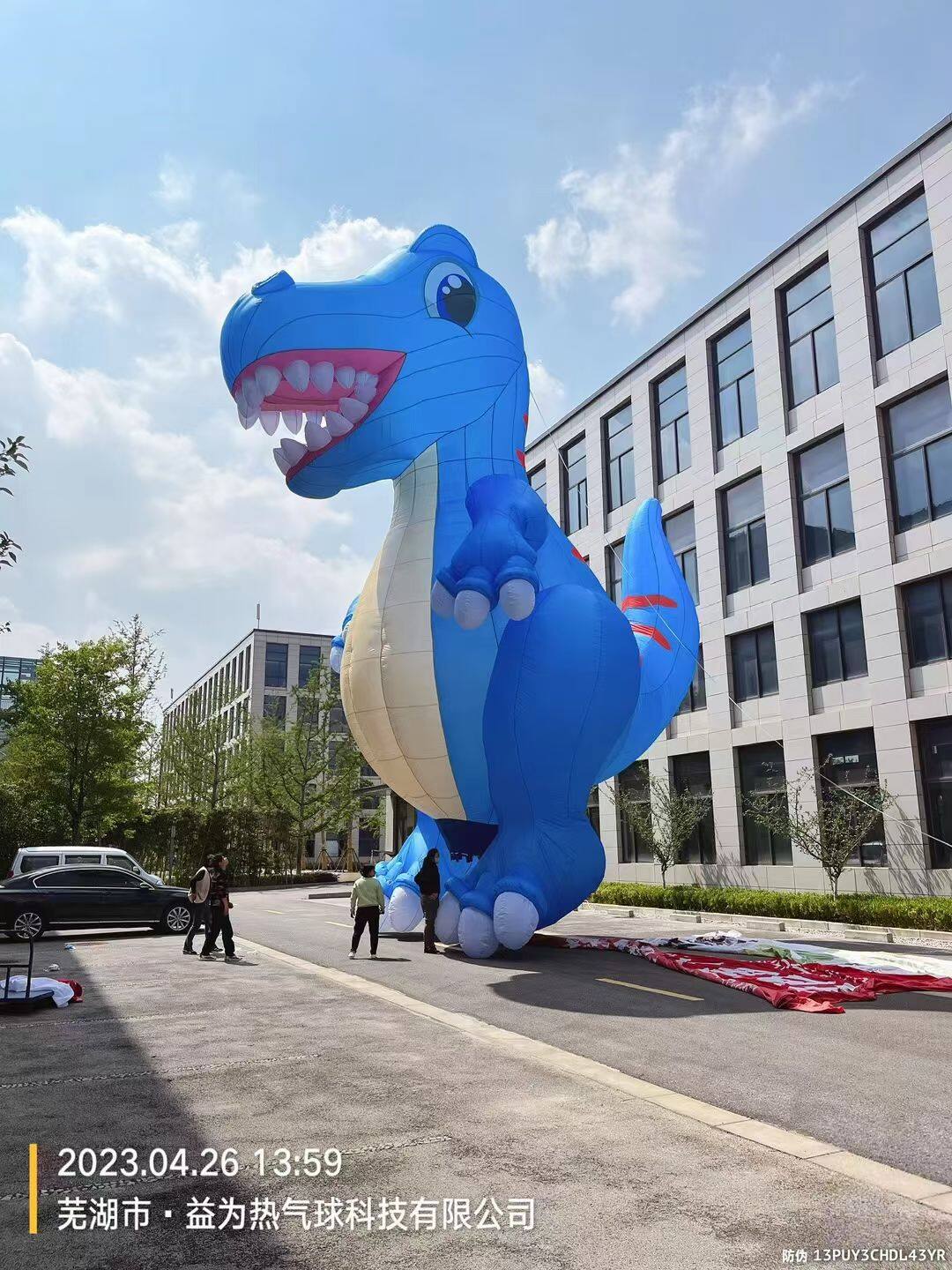 Dinosaur RC Balloon Yiwei Balloons blue dinosaur T-Rex shaped RC balloon being inflated outdoors manufactured in Wuhu China