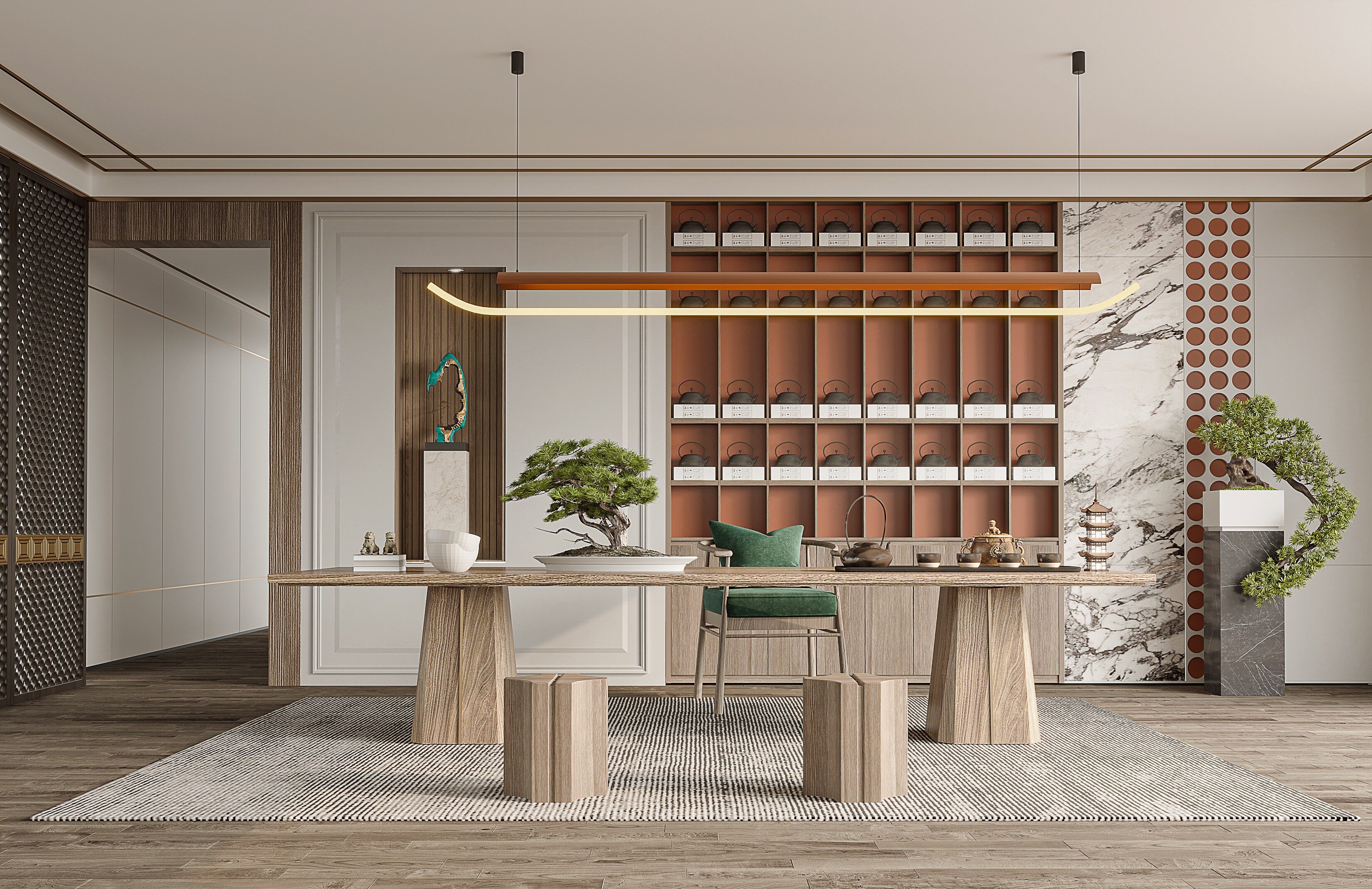 正阳上和府小区全屋定制实景新中式茶室展示柜