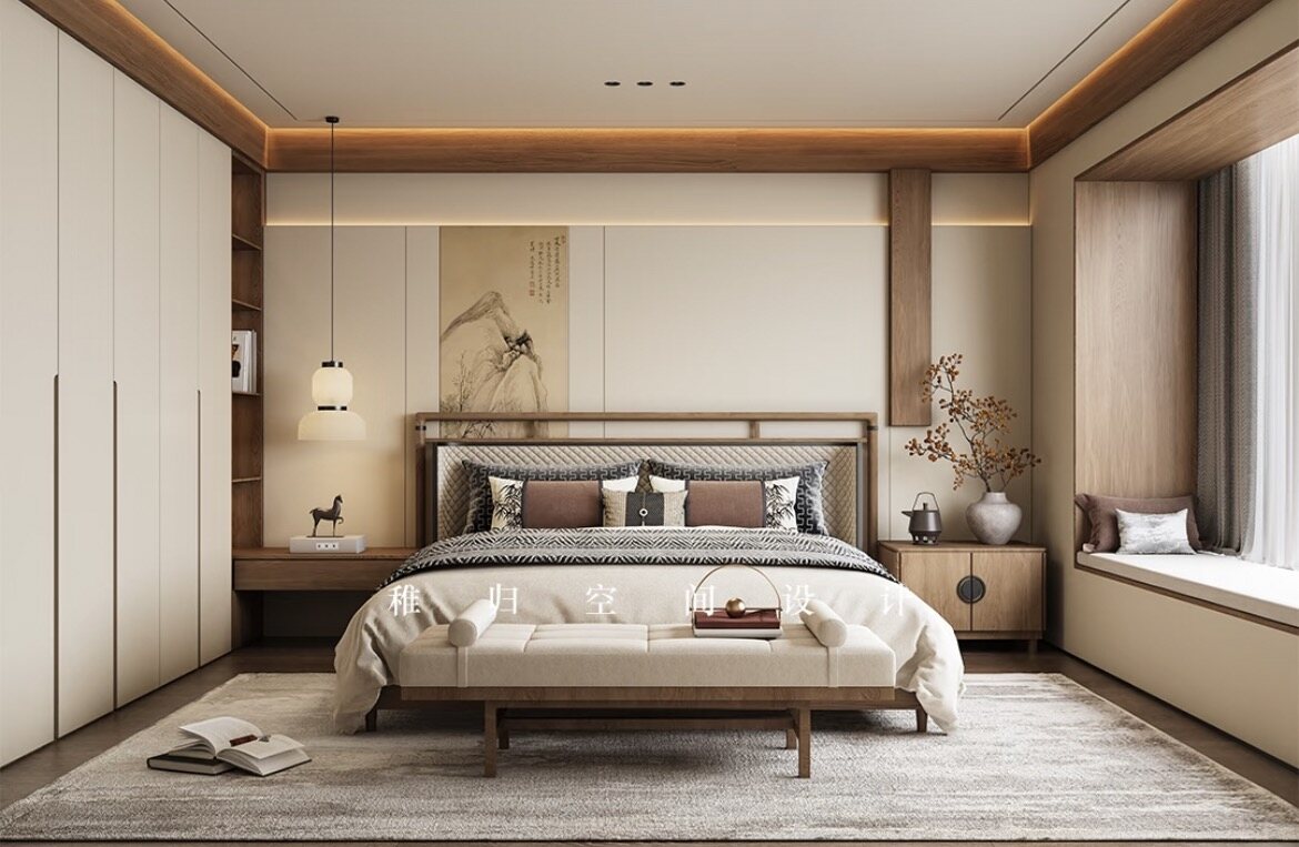 正阳168㎡四室两厅新中式全屋定制整墙柜体全景