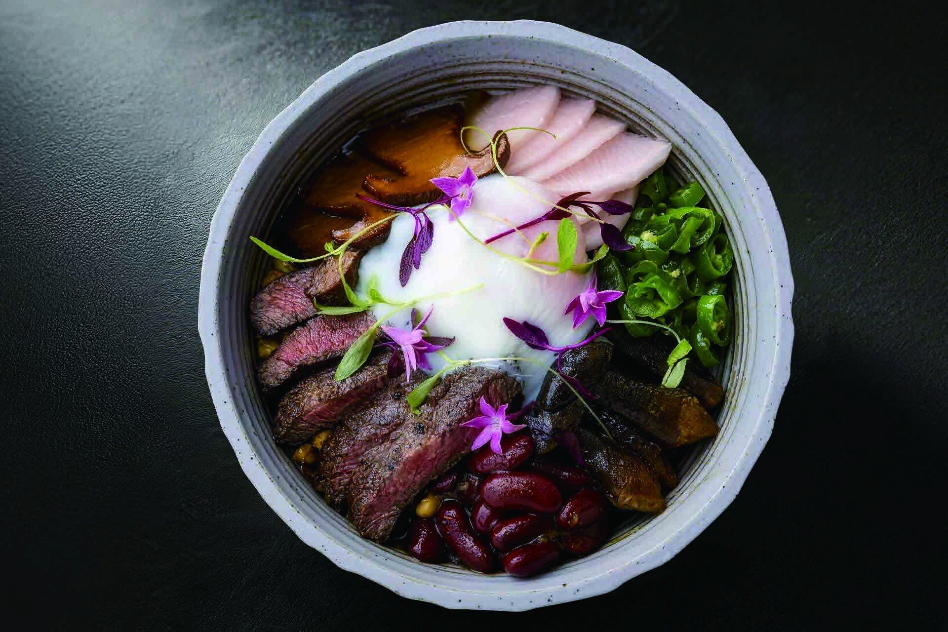 Morel Angus Beef with Onsen Egg Over Rice · Main Course